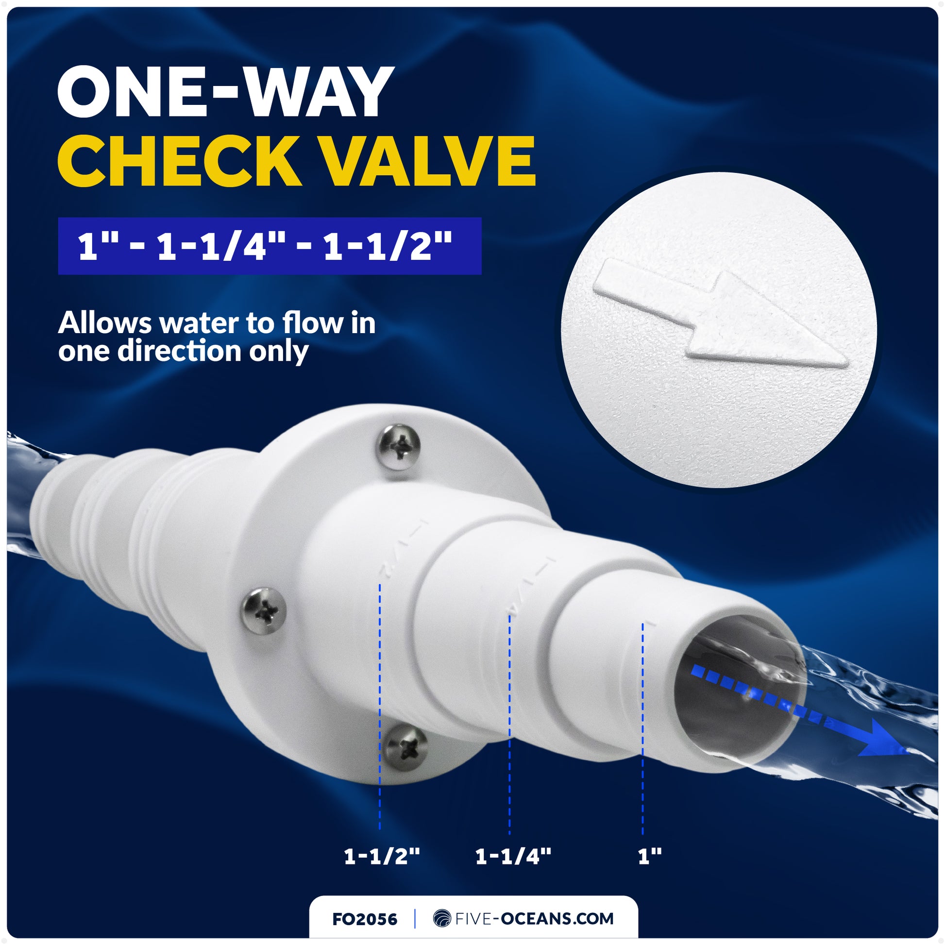 In-Line Check Valve with Stepped Connection 1"-1-1/4"-1-1/2", One-Way Flow - FO2056 - Five Oceans