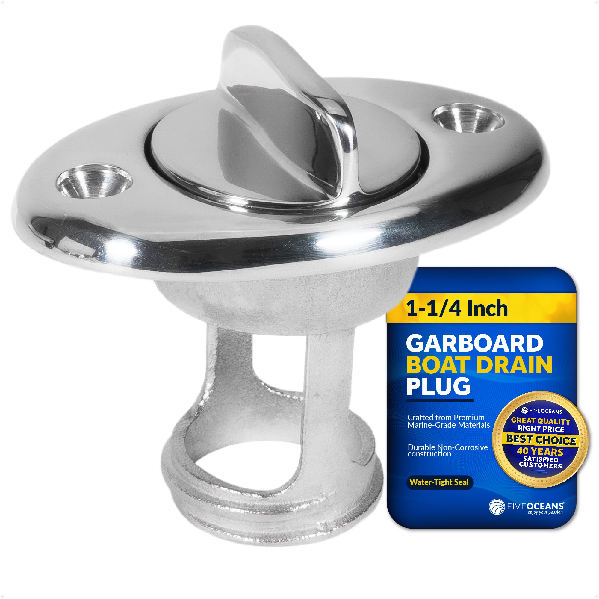 Garboard Boat Drain Plug For 1-1/4" Transom Hole, Stainless Steel - FO2063 - Five Oceans