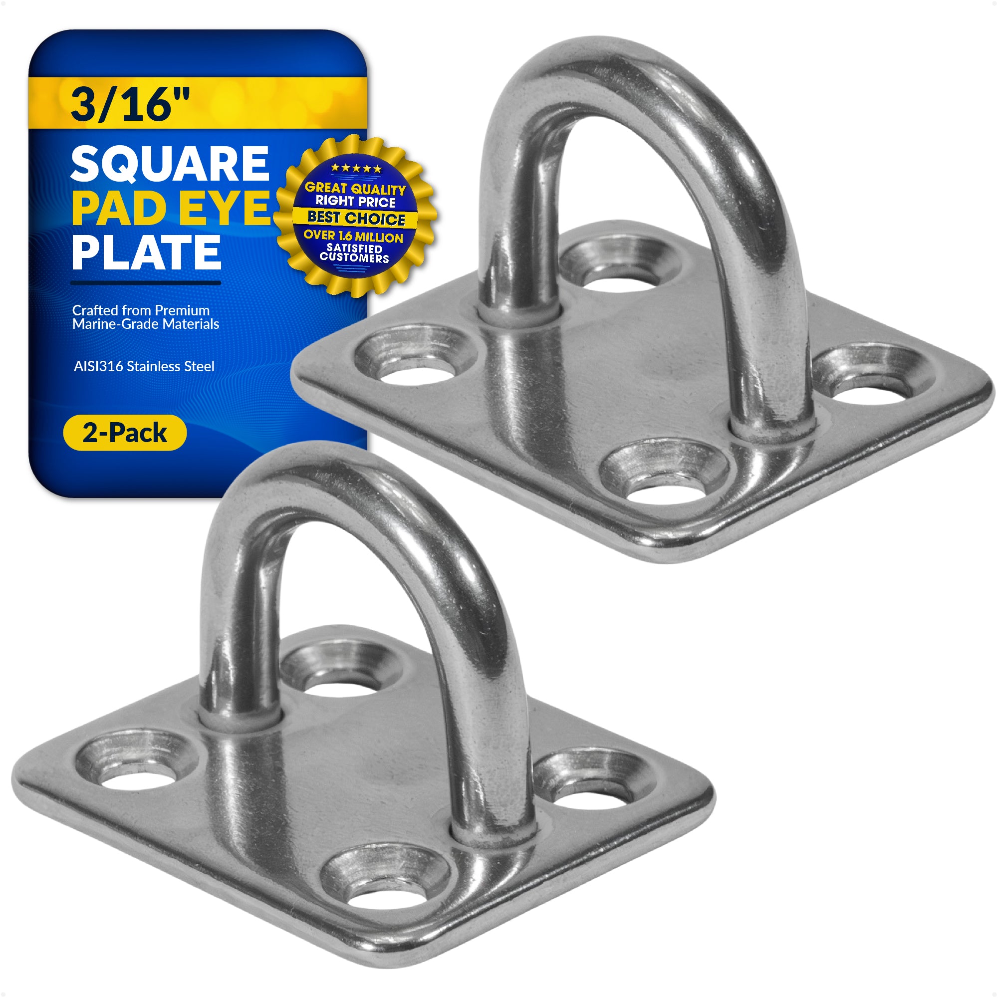 Heavy Duty 3/16" Stainless Steel Square Pad Eye, 2-Pack - FO2099-M2 - Five Oceans