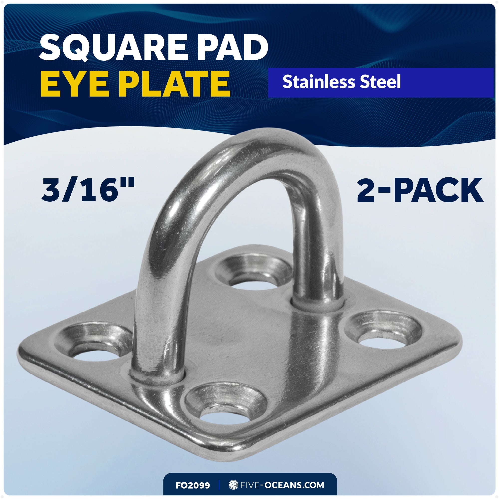 Heavy Duty 3/16" Stainless Steel Square Pad Eye, 2-Pack - FO2099-M2 - Five Oceans