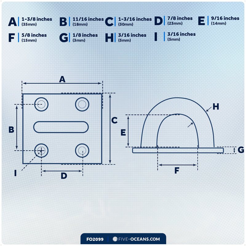 3/16" Square Pad Eye, AISI316 Stainless Steel, 2-Pack - FO2099-M2 - Five Oceans