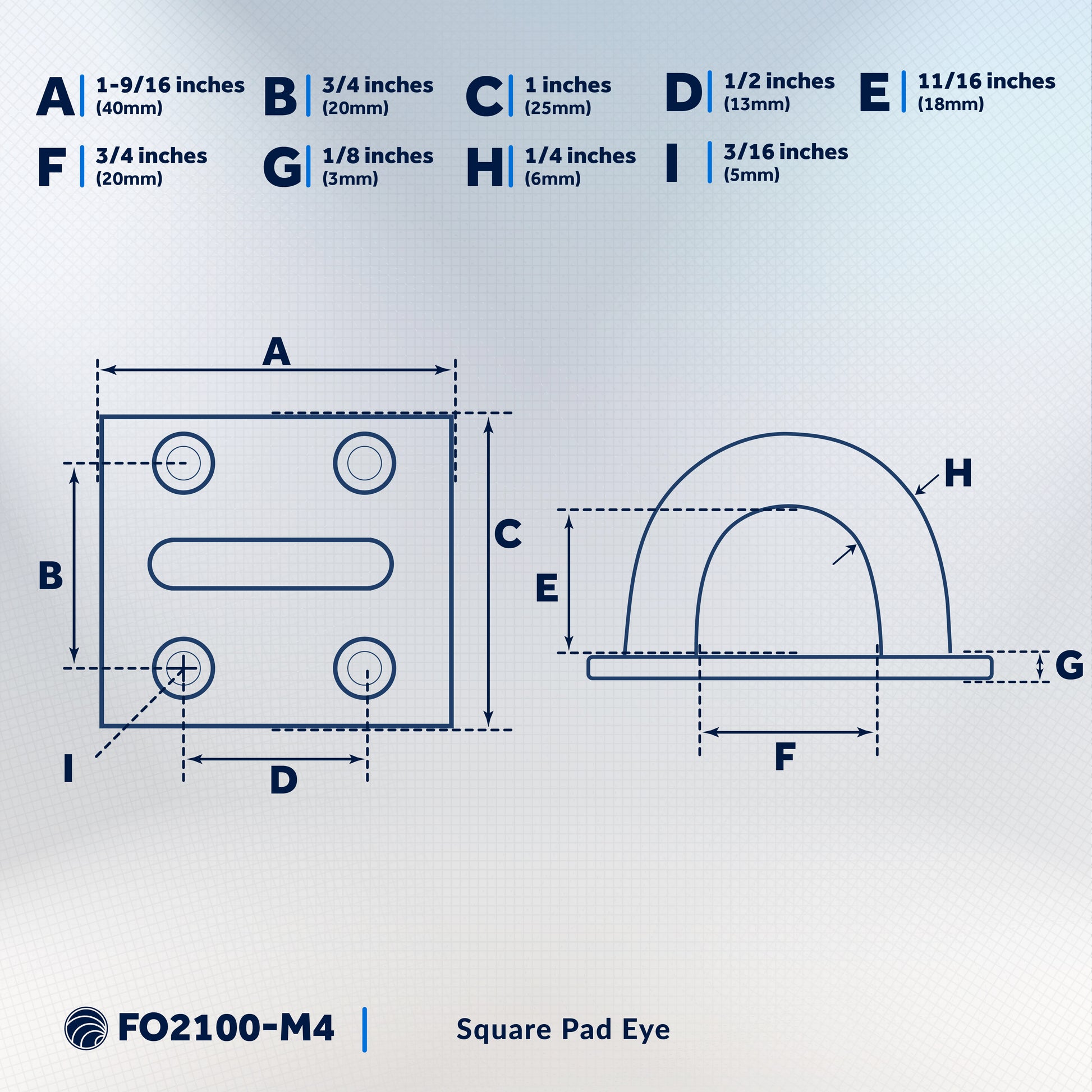 Heavy Duty 1/4" Stainless Steel Square Pad Eye, 4-Pack - FO2100-M4 - Five Oceans