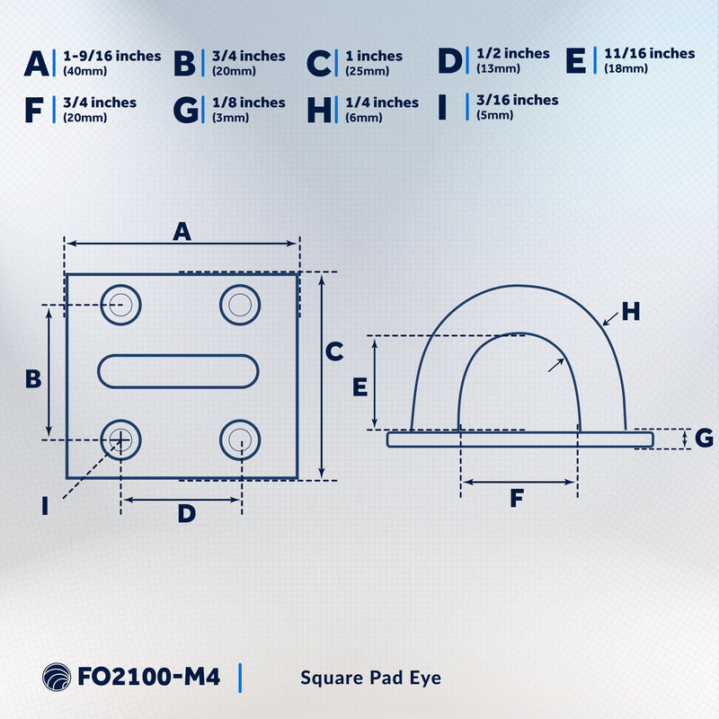 1/4" Square Pad Eye, AISI316 Stainless Steel, 4-Pack - FO2100-M4 - Five Oceans