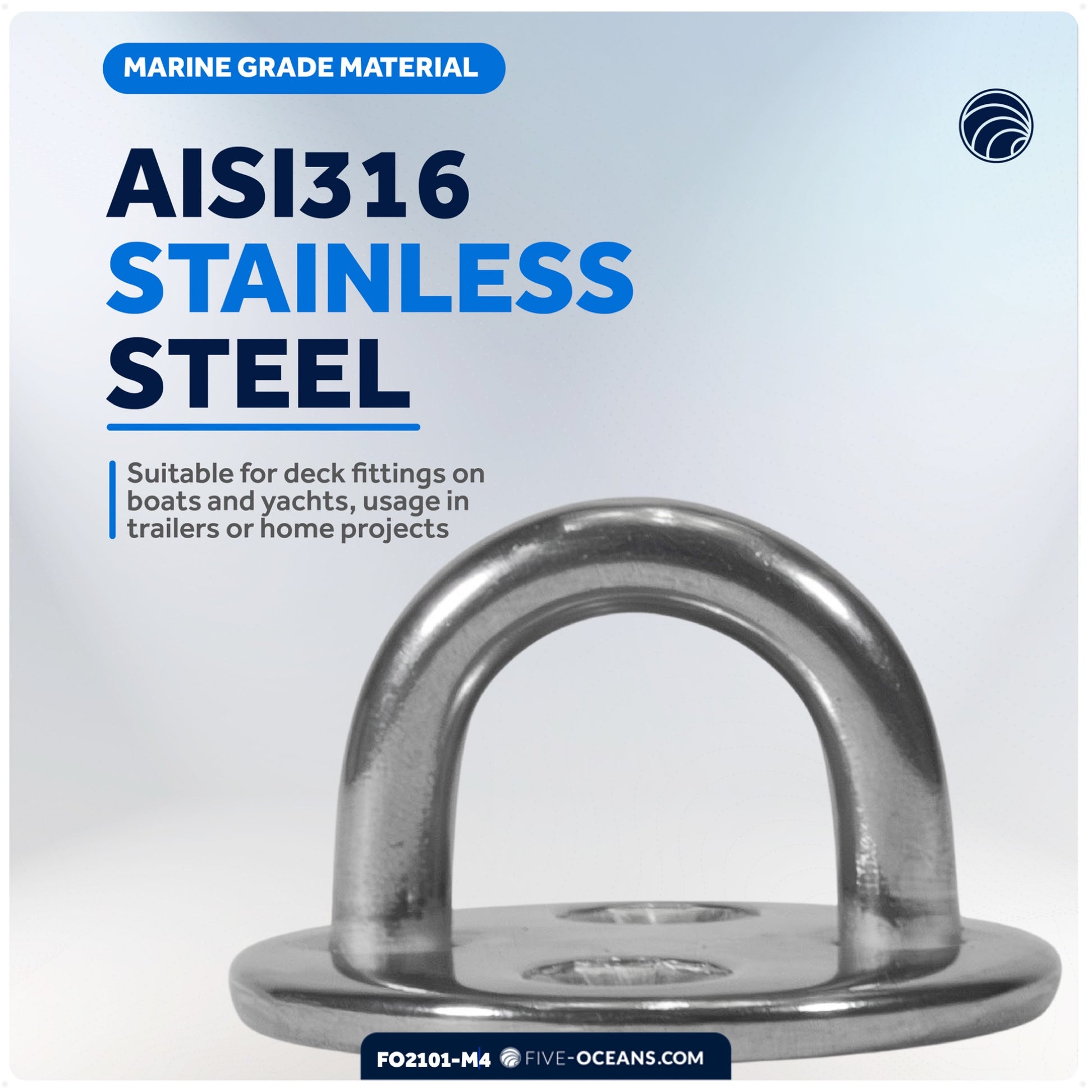 Heavy Duty 3/16" Stainless Steel Round Pad Eye, 4-Pack - FO2101-M4 - Five Oceans