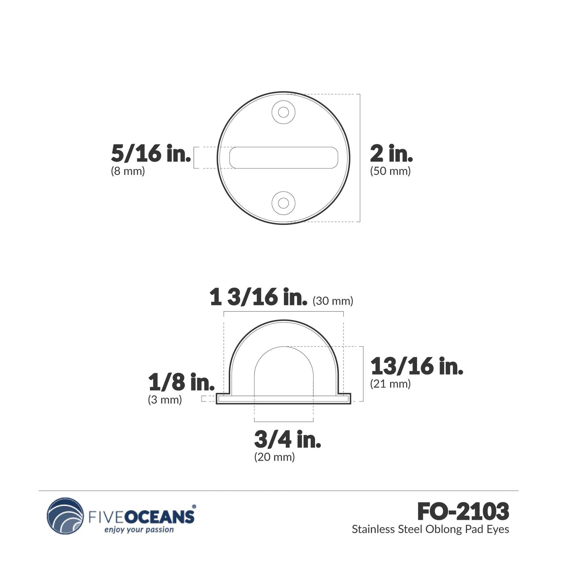 Stainless Steel Oblong Pad Eyes - FO2103 - Five Oceans