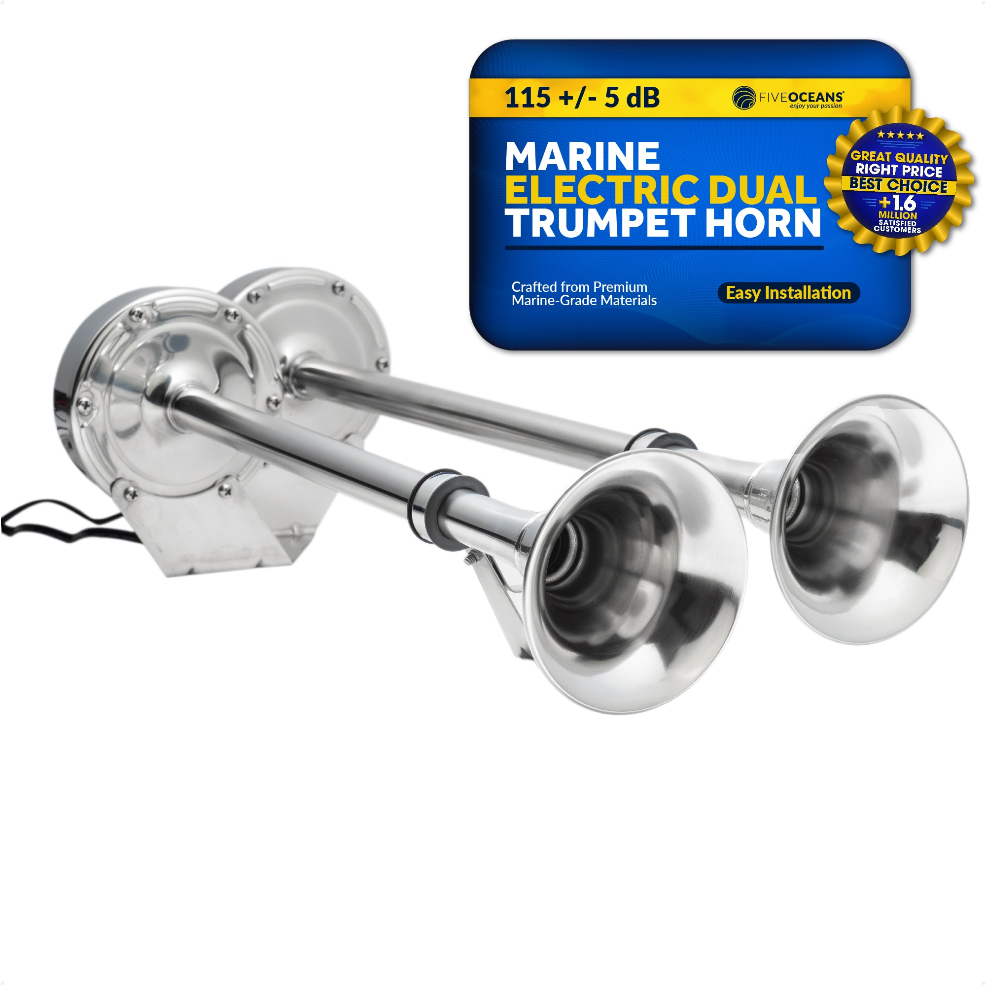 Marine Electric Dual Trumpet Horn, Stainless Steel - FO2151 - Five Oceans