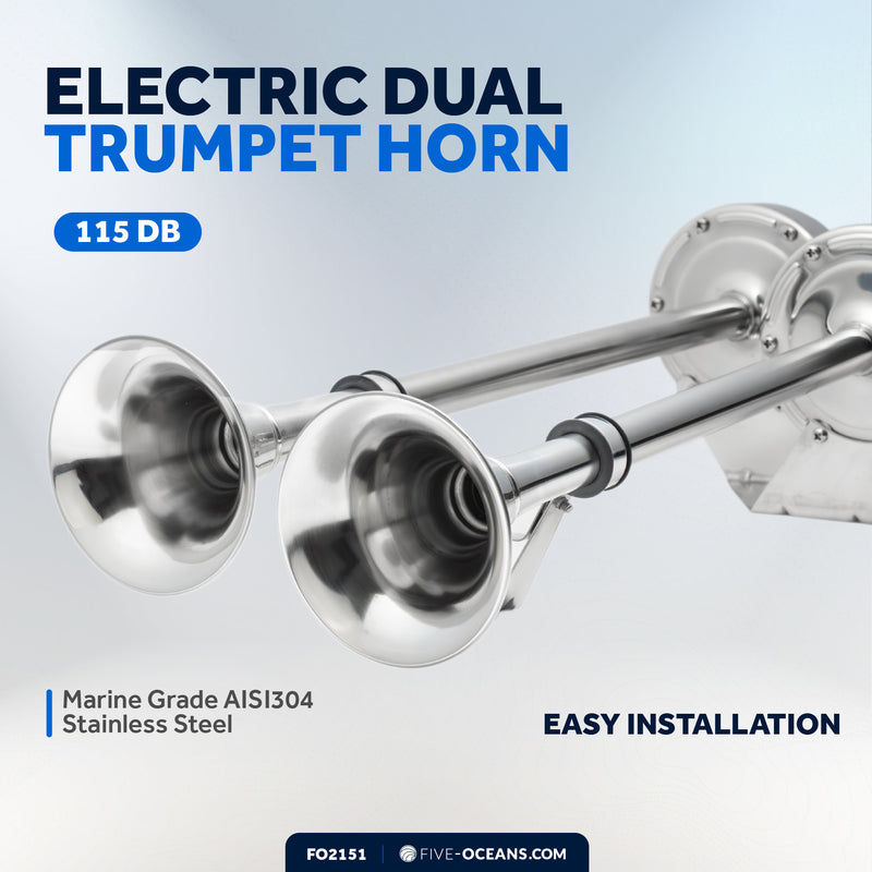 Electric Dual Trumpet Horn, 12V, Stainless Steel - FO2151 - Five Oceans