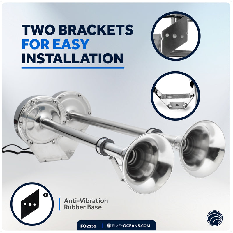 Electric Dual Trumpet Horn, 12V, Stainless Steel - FO2151 - Five Oceans