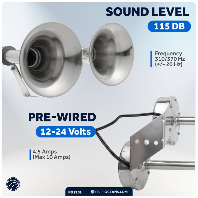 Electric Dual Trumpet Horn, 12V, Stainless Steel - FO2151 - Five Oceans