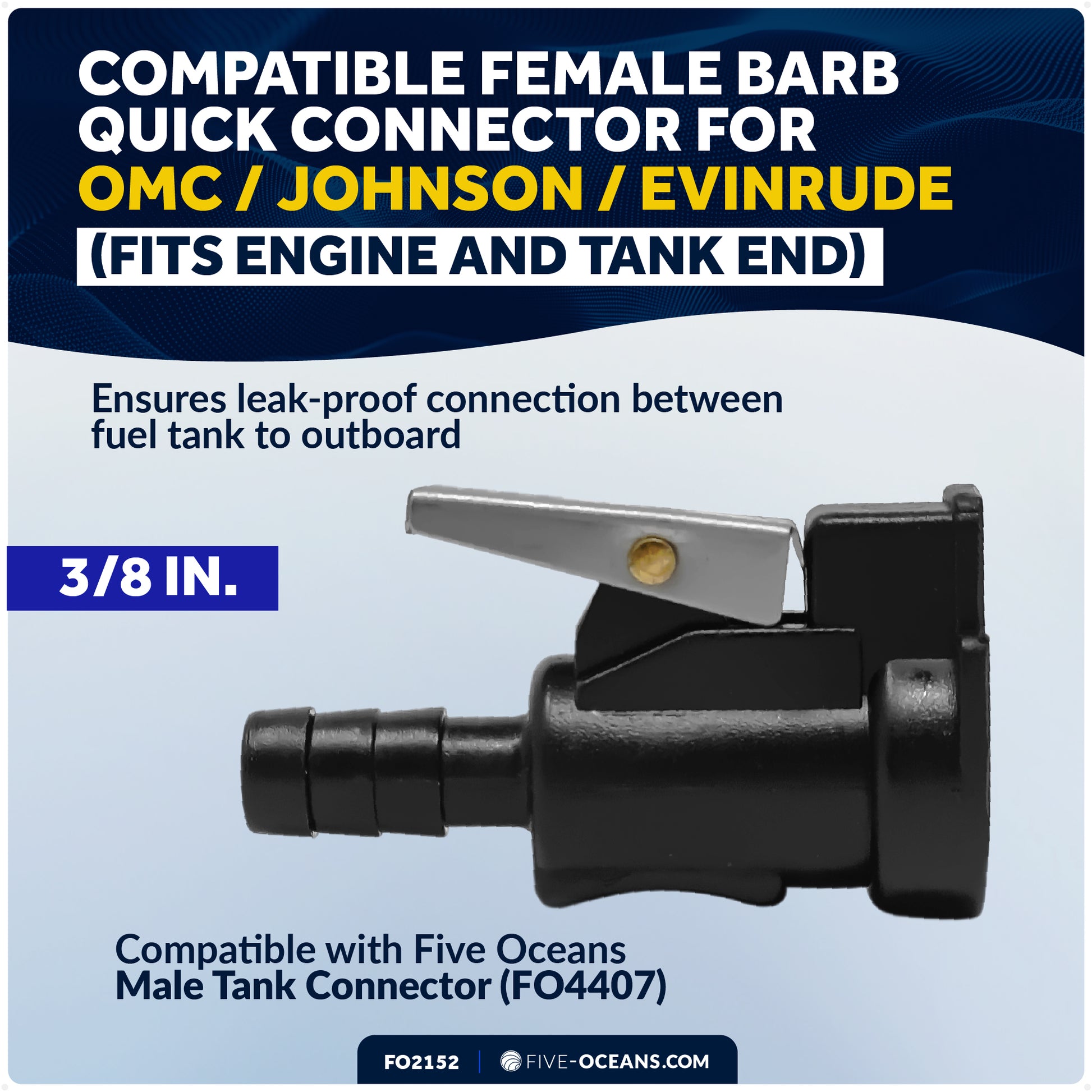 OMC/Johnson/Evinrude 3/8" Barb Female Fuel Line Hose Connector, Fits Engine End & Tank End Male Fitting - FO2152 - Five Oceans