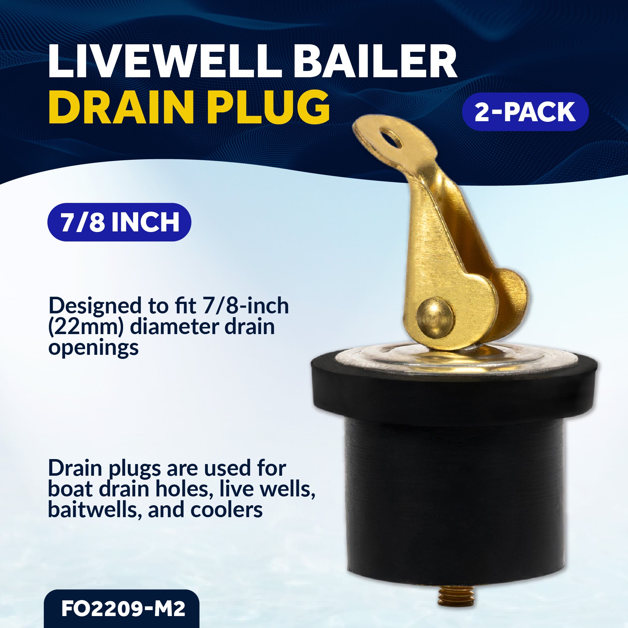 Livewell Bailer Drain Boat Plug for 7/8" Diameter Drains, 2-Pack - FO2209-M2 - Five Oceans