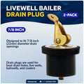 Livewell Bailer Drain Plug for 7/8" Diameter Drains, Rubber/Brass, 2-Pack - FO2209-M2 - Five Oceans
