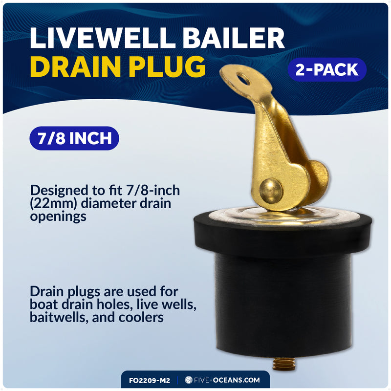 Livewell Bailer Drain Plug for 7/8" Diameter Drains, Rubber/Brass, 2-Pack - FO2209-M2 - Five Oceans