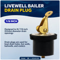 Livewell Bailer Drain Plug for 7/8" Diameter Drains, Rubber/Brass - FO2209 - Five Oceans