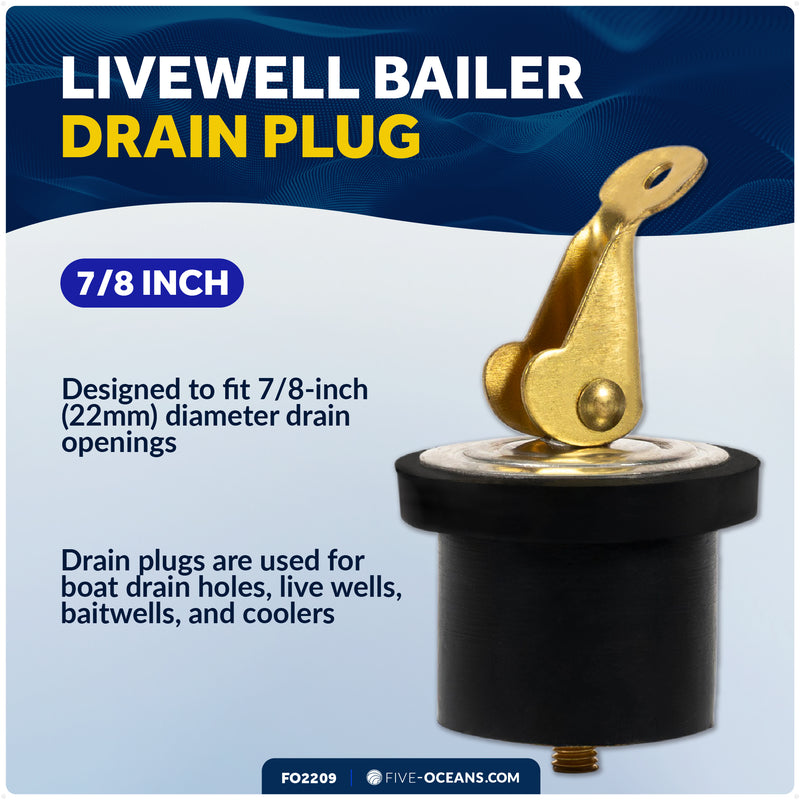 Livewell Bailer Drain Plug for 7/8" Diameter Drains, Rubber/Brass - FO2209 - Five Oceans