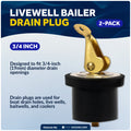 Livewell Bailer Drain Plug for 3/4" Diameter Drains, Rubber/Brass, 2-Pack - FO2210-M2 - Five Oceans