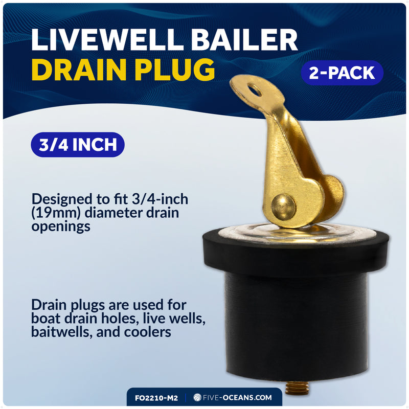 Livewell Bailer Drain Plug for 3/4" Diameter Drains, Rubber/Brass, 2-Pack - FO2210-M2 - Five Oceans