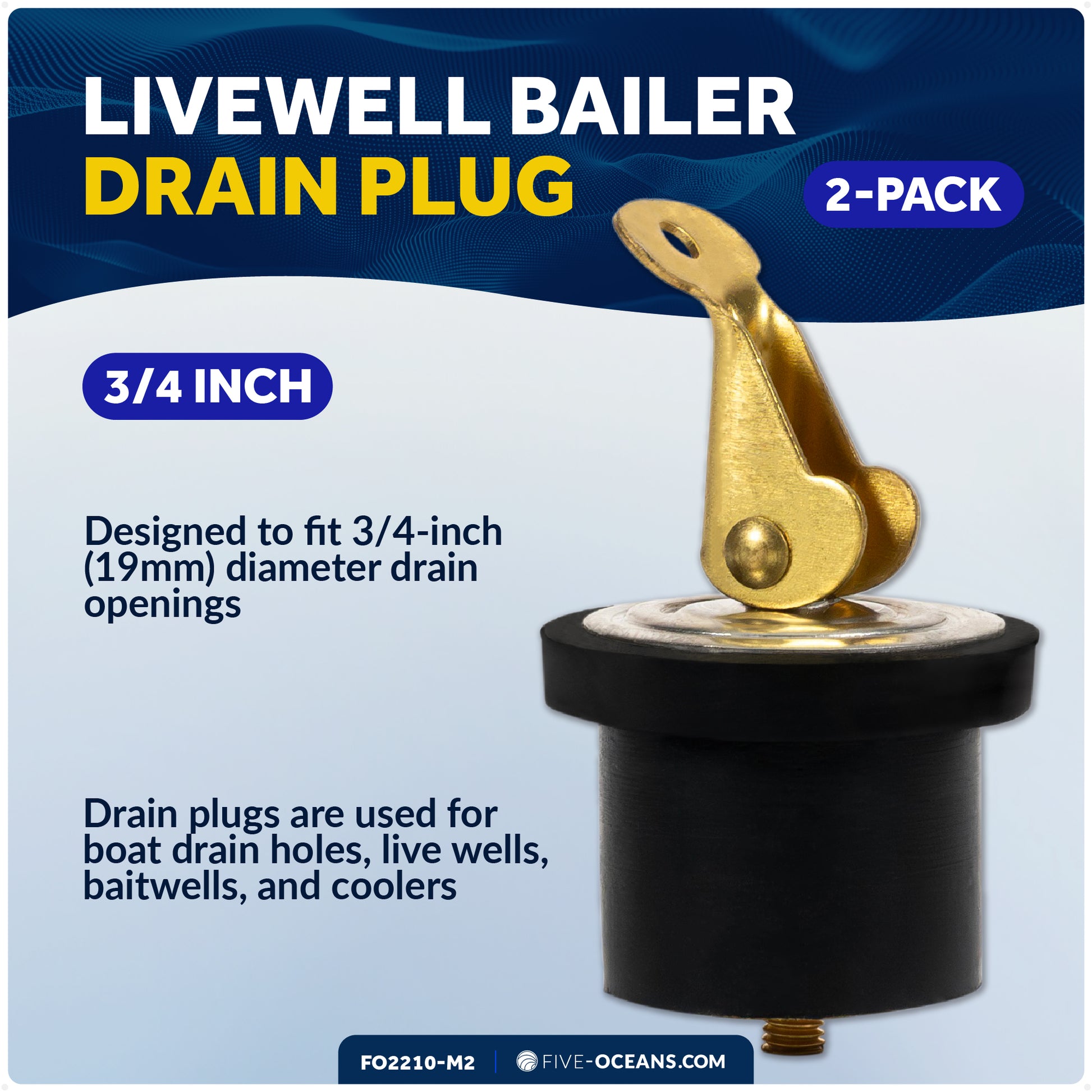 Livewell Bailer Drain Plug for 3/4" Diameter Drains, 2-Pack - FO2210-M2 - Five Oceans