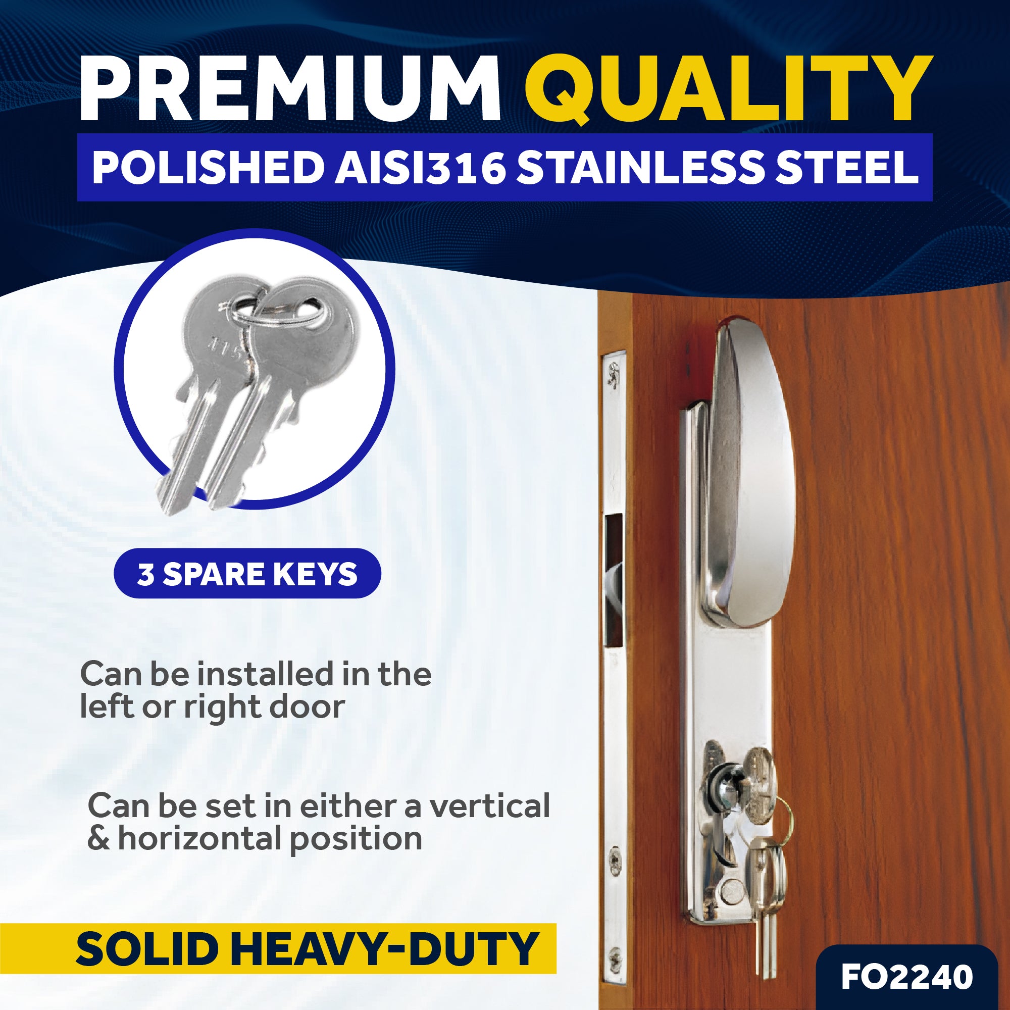 Sliding Door Mortise Latch Set, Stainless Steel, 3 Keys - FO2240 - Five Oceans