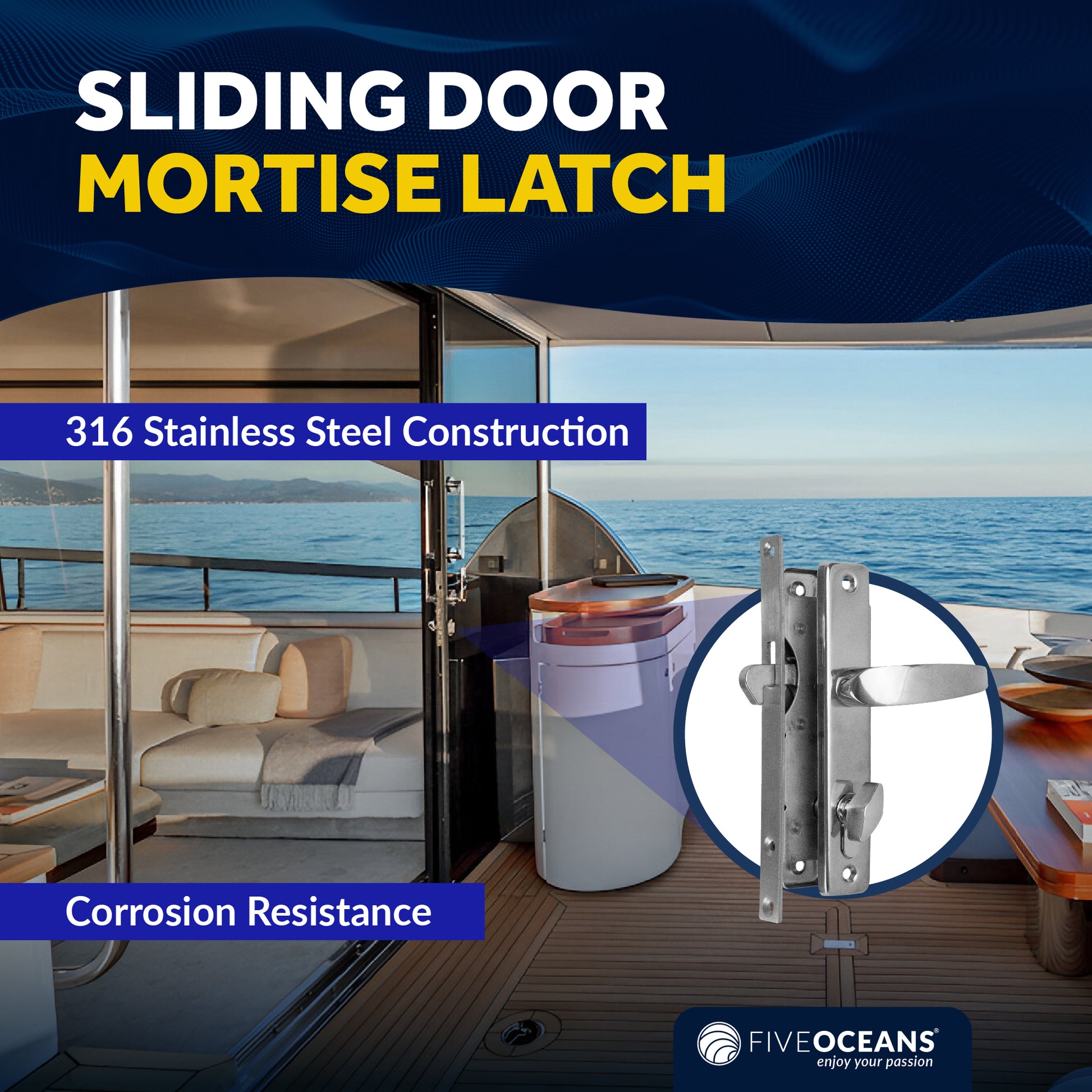 Sliding Door Mortise Latch Set, Stainless Steel, 3 Keys - FO2240 - Five Oceans