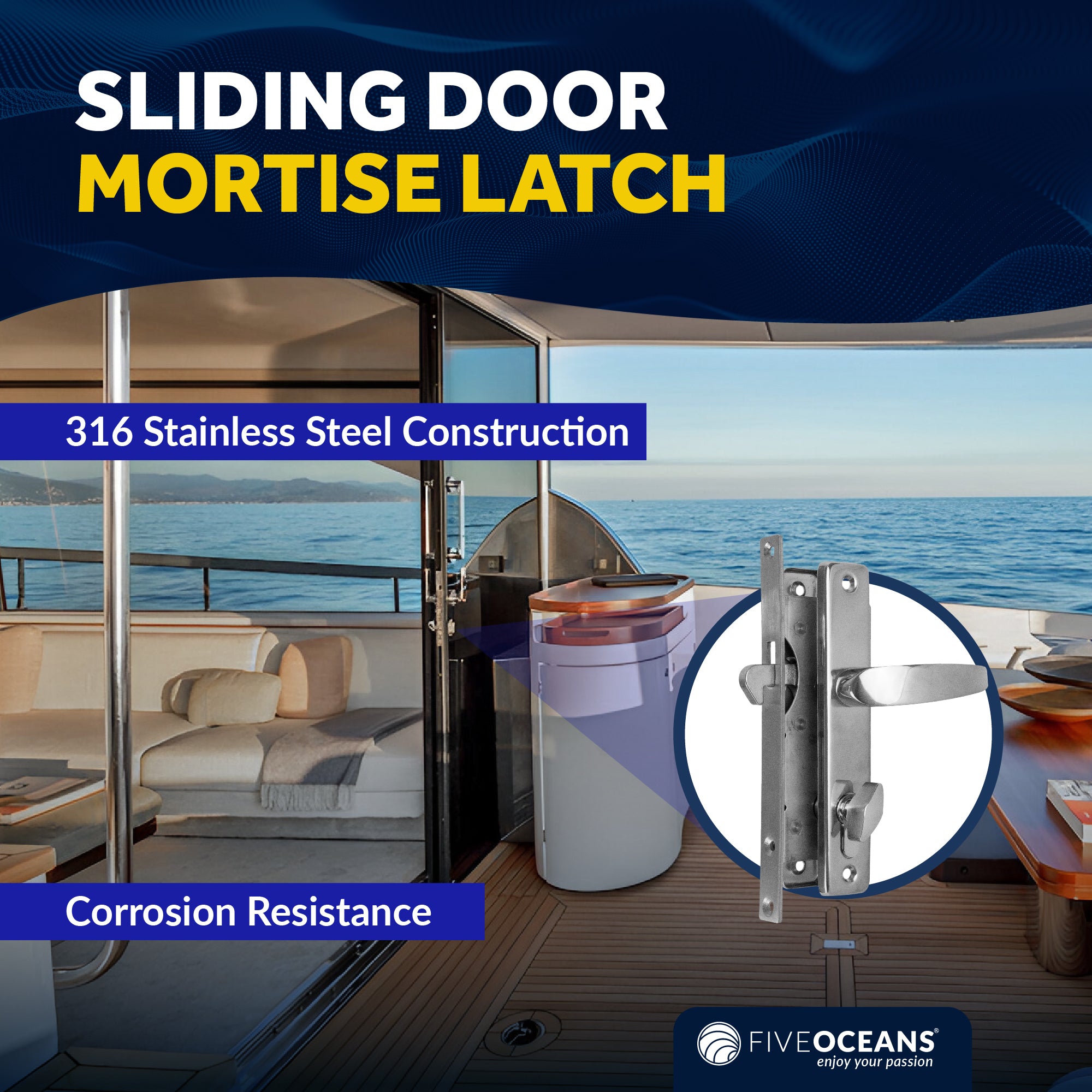 Sliding Door Mortise Latch Set, Stainless Steel, 3 Keys - FO2240 - Five Oceans