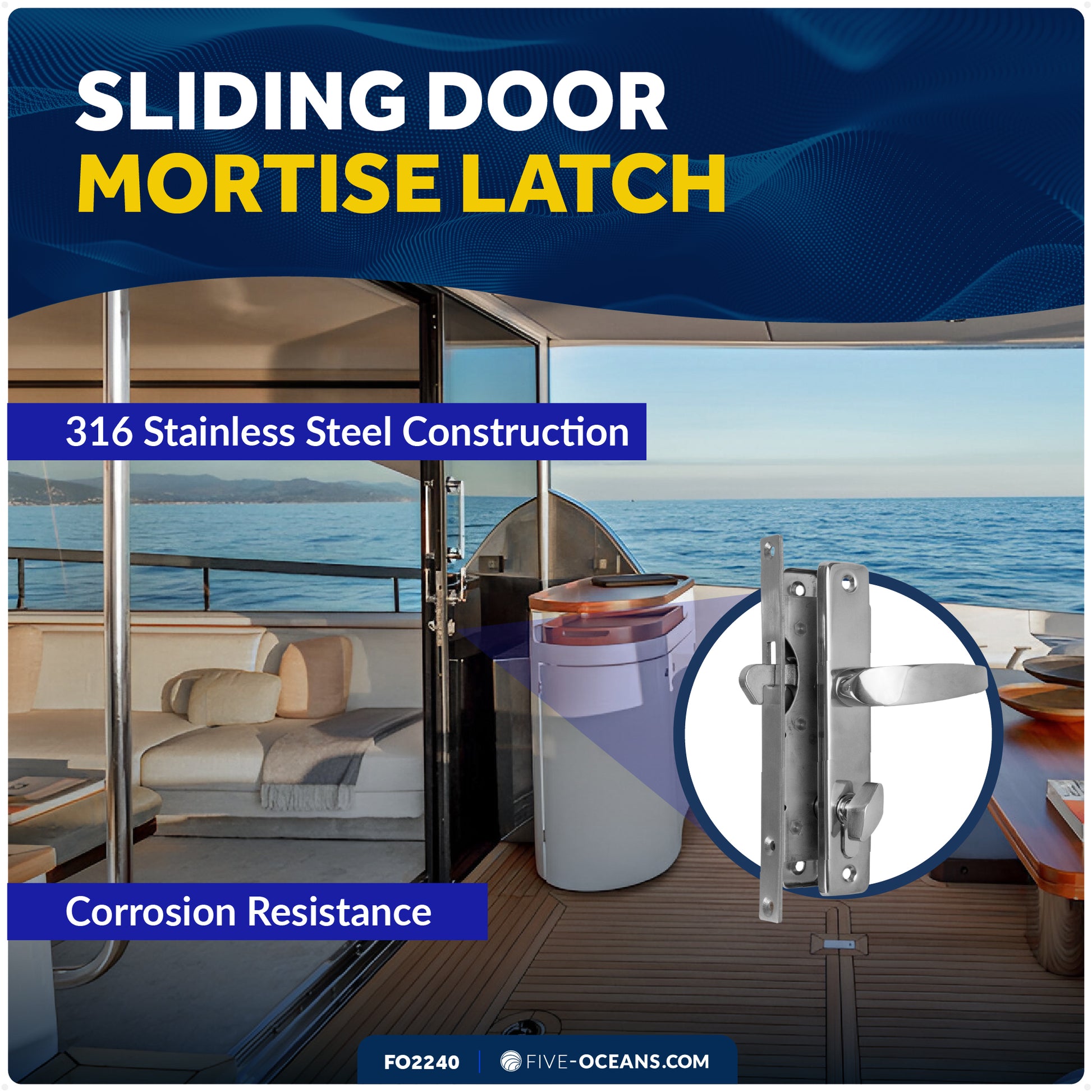 Sliding Door Mortise Latch Lock Set with 3 Keys, Stainless Steel - FO2240 - Five Oceans