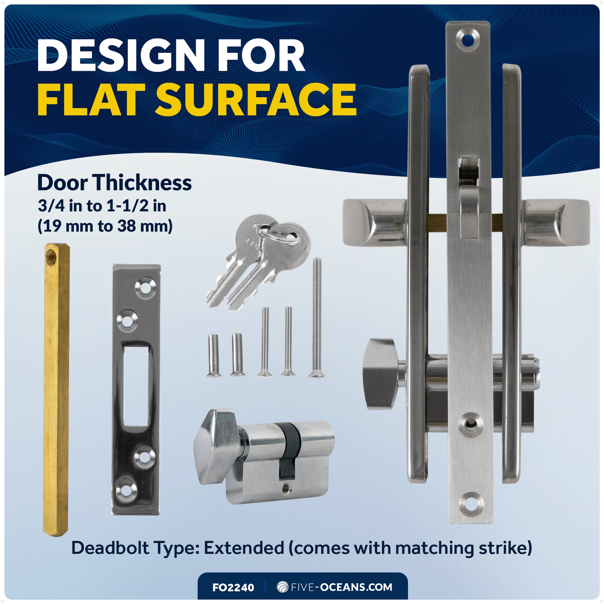 Sliding Door Mortise Latch Lock Set with 3 Keys, Stainless Steel - FO2240 - Five Oceans