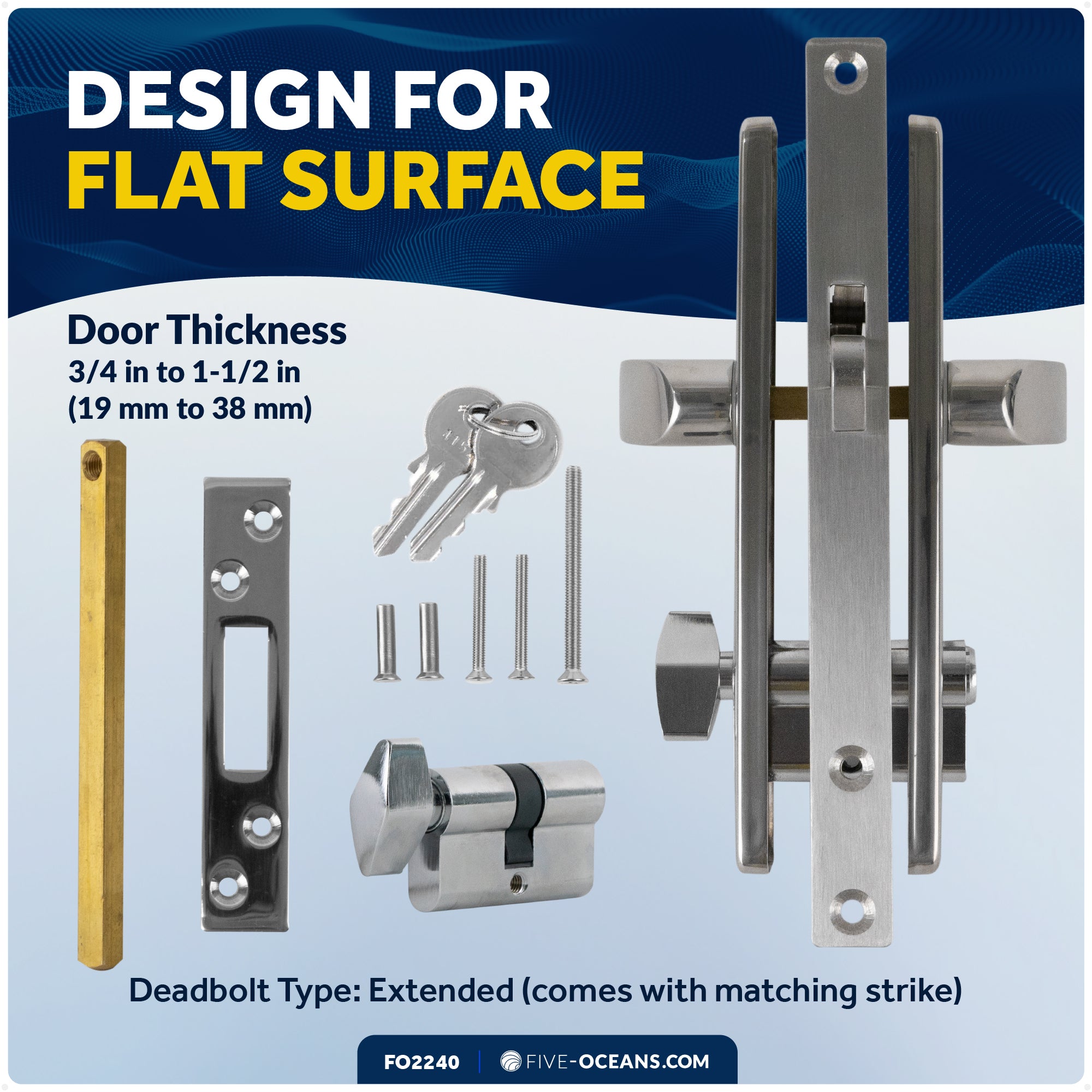 Sliding Door Mortise Latch Lock Set with 3 Keys, Stainless Steel - FO2240 - Five Oceans