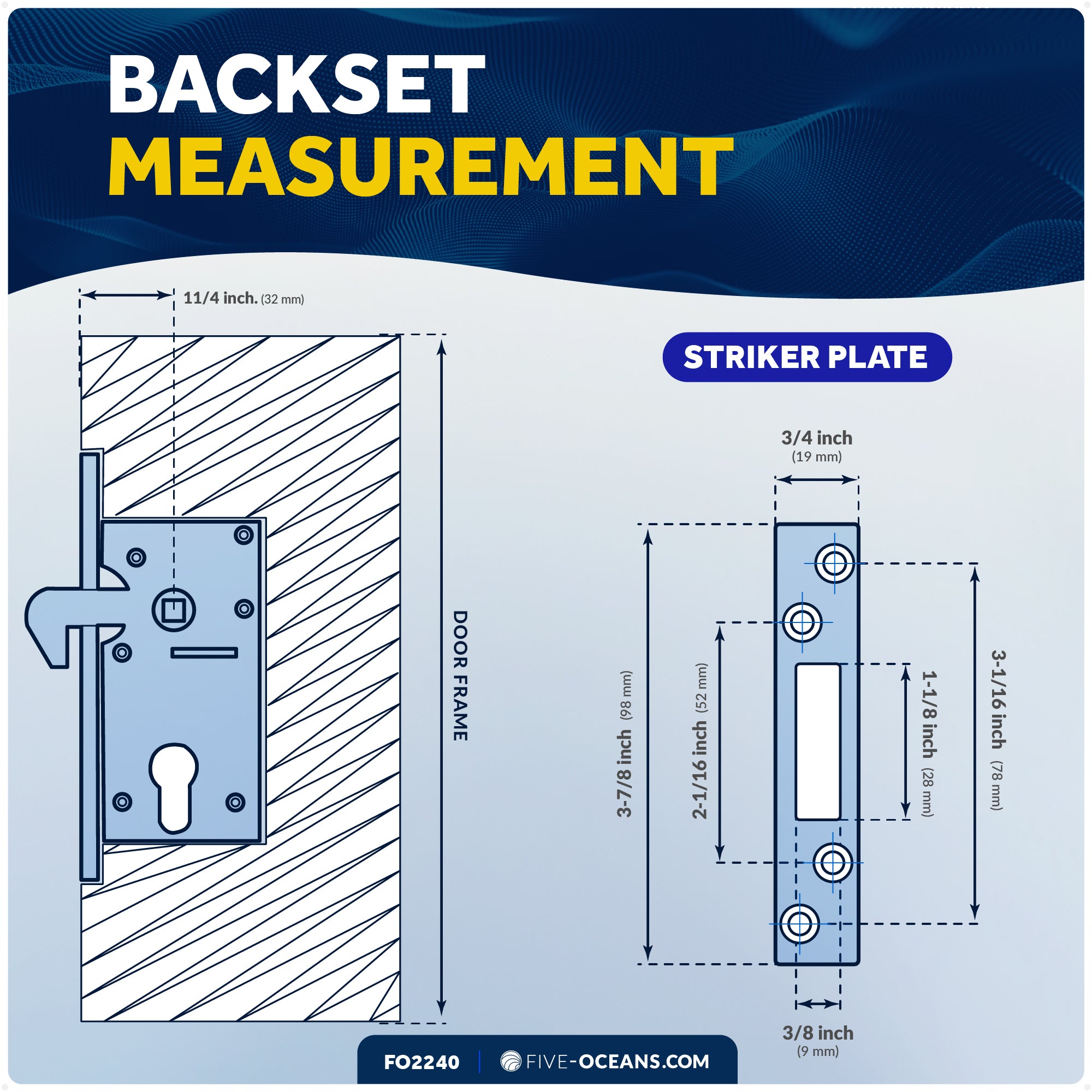 Sliding Door Mortise Latch Lock Set with 3 Keys, Stainless Steel - FO2240 - Five Oceans