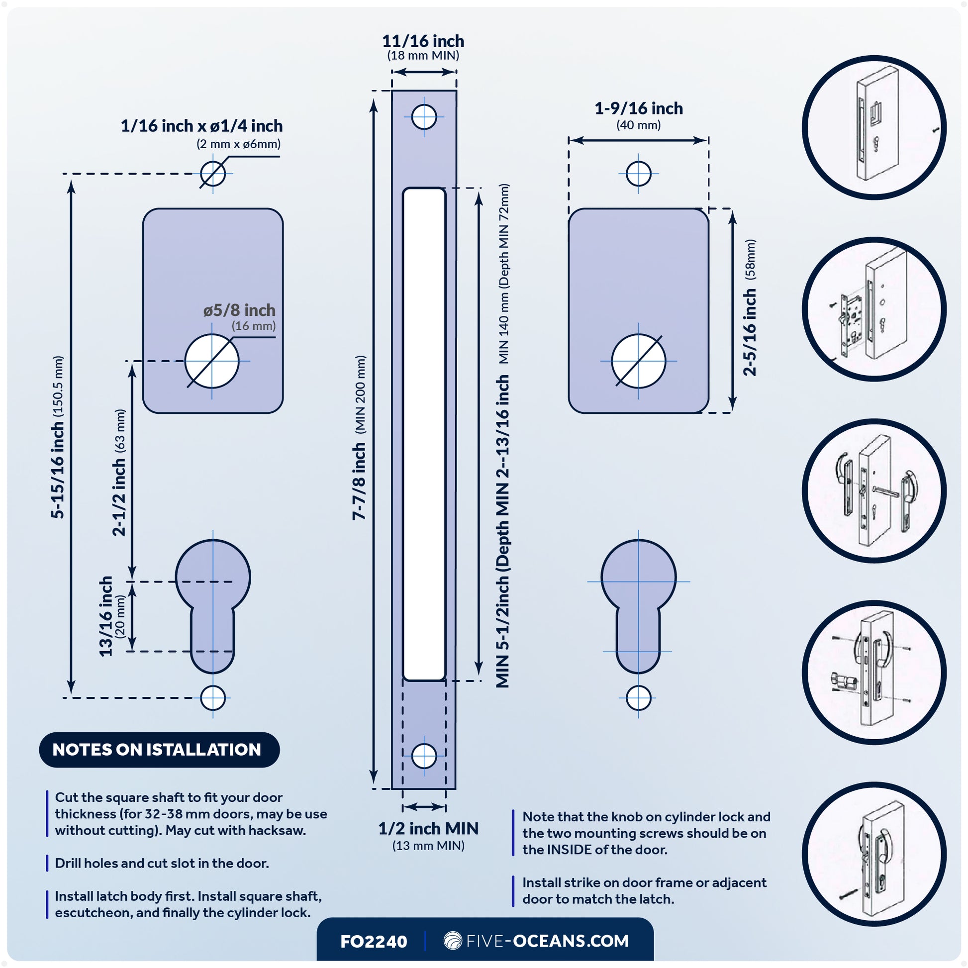 Sliding Door Mortise Latch Lock Set with 3 Keys, Stainless Steel - FO2240 - Five Oceans