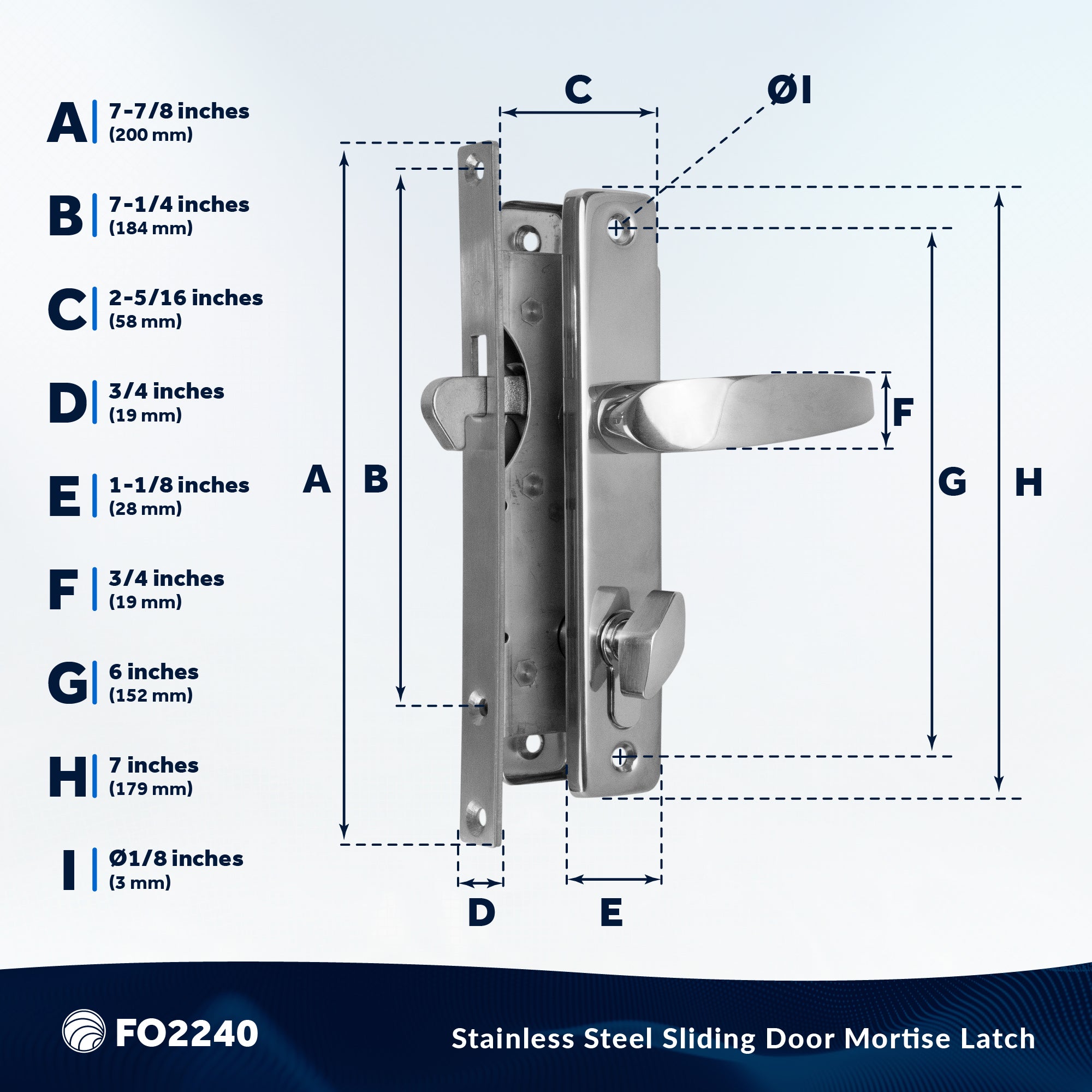 Sliding Door Mortise Latch Set, Stainless Steel, 3 Keys - FO2240 - Five Oceans