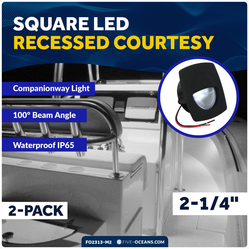 2-1/4" Square LED Recessed Courtesy / Companionway Light, Black Housing, Cool White, 12V, 2-Pack - FO2313-M2 - Five Oceans