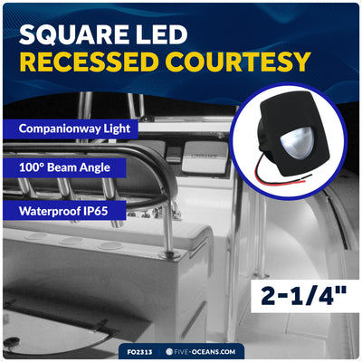 2-1/4" Square LED Recessed Courtesy / Companionway Light, Black Housing, Cool White, 12V - FO2313 - Five Oceans