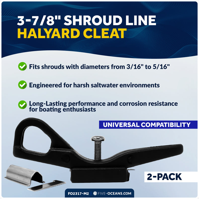 3-7/8" Shroud Line Flag Halyard Cleat, Fits 3/16"-5/16" Shrouds, Nylon with Stainless Steel, 2-Pack - FO2317-M2 - Five Oceans