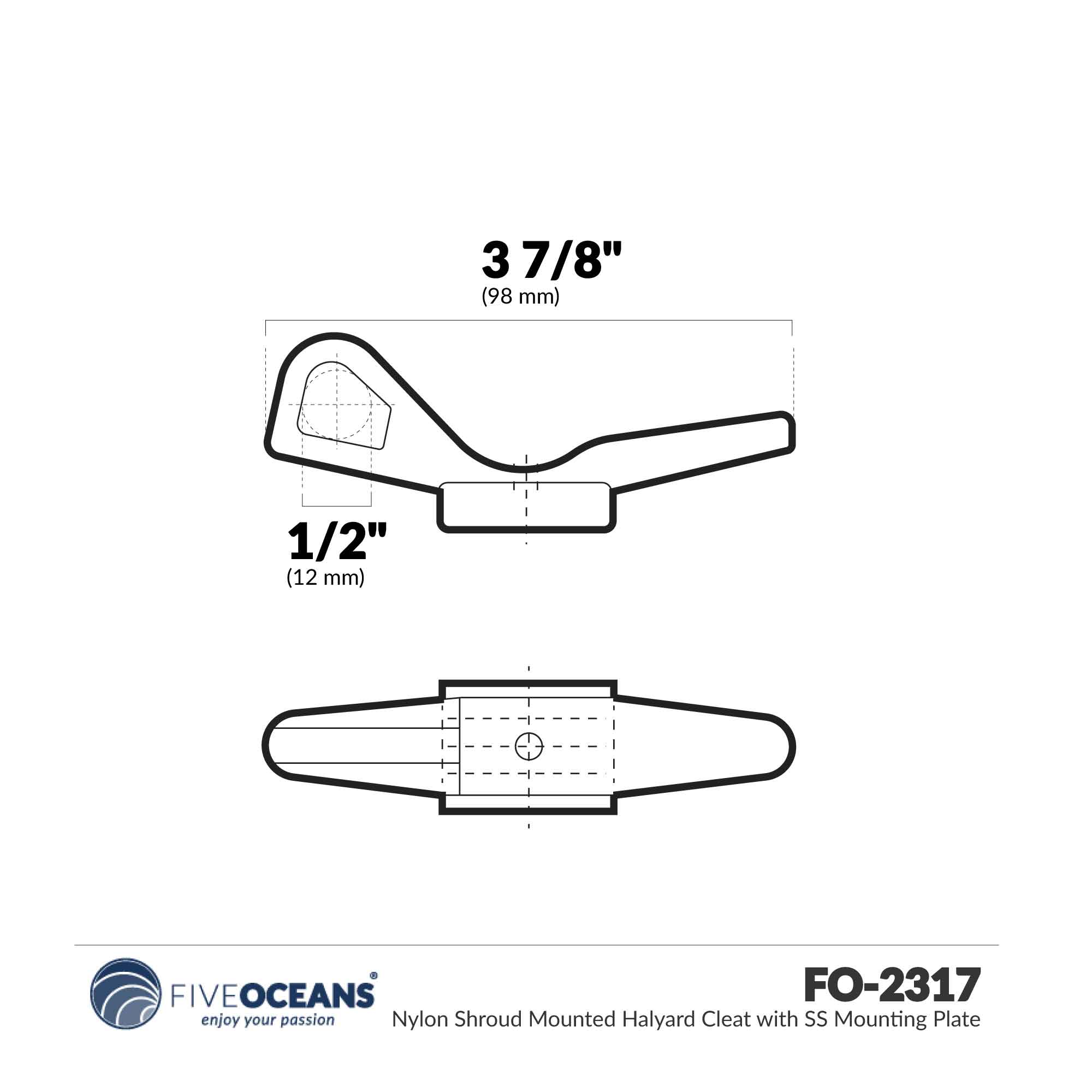 Nylon Shroud Halyard Cleat, Stainless Steel Mounting Plate, 2-Pack - FO2317-M2 - Five Oceans