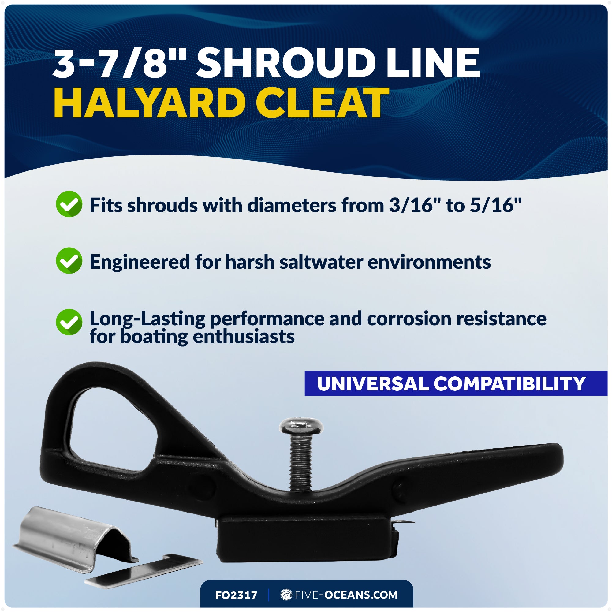 3-7/8" Shroud Line Halyard Cleat, Nylon with Stainless Steel Mounting Plate - FO2317