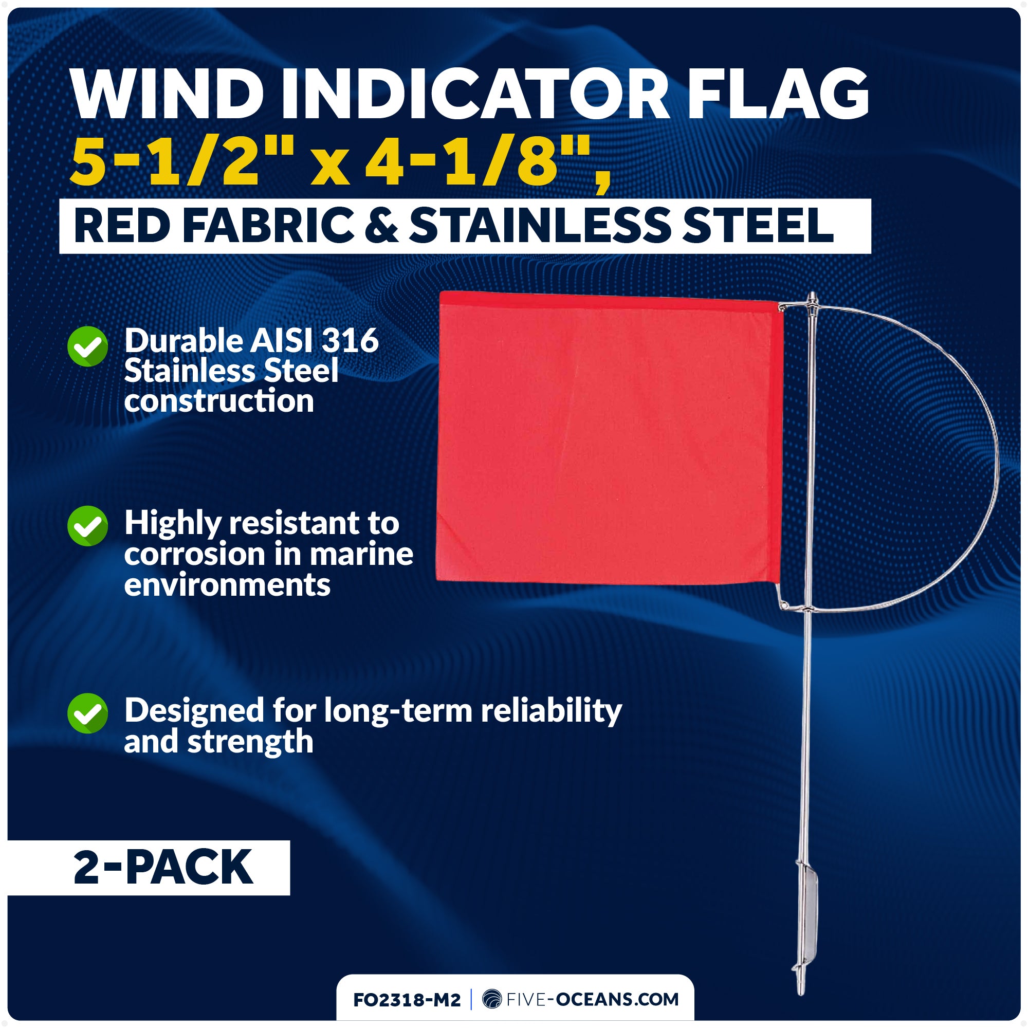 5-1/2" x 4-1/8" Wind Indicator Flag, Red Fabric & Stainless Steel, 2-Pack - FO2318-M2 - Five Oceans