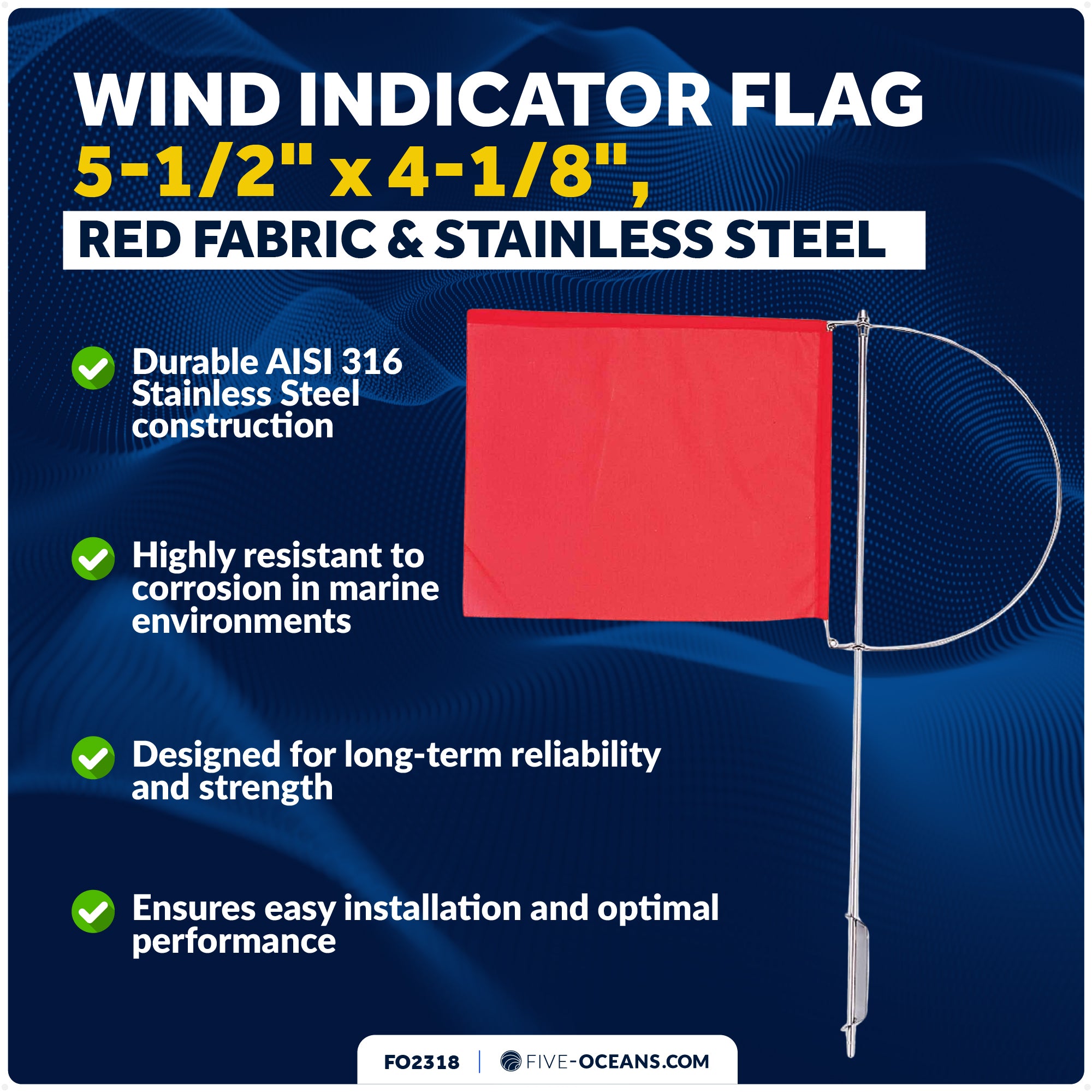 5-1/2" x 4-1/8" Wind Indicator Flag, Red Fabric & Stainless Steel - FO2318 - Five Oceans