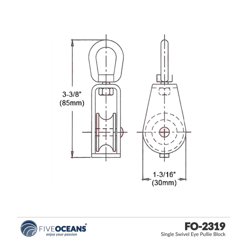 1/4" Rope x 1" Sheave Swivel Eye Block, Stainless Steel - FO2319 - Five Oceans