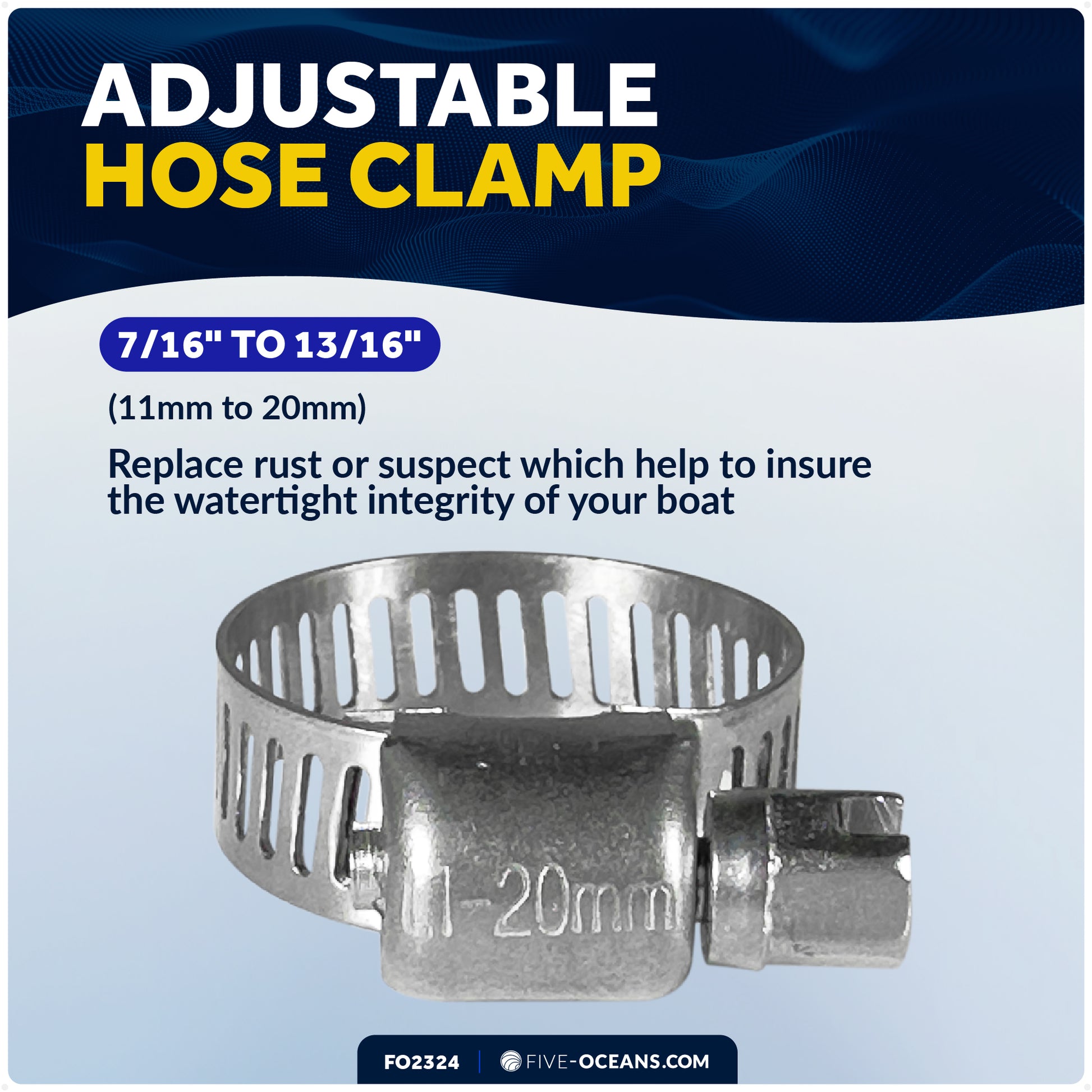 Adjustable Hose Clamp 7/16" - 13/16" (11-20mm), Stainless Steel, 50-Pack - FO2324-M50 - Five Oceans