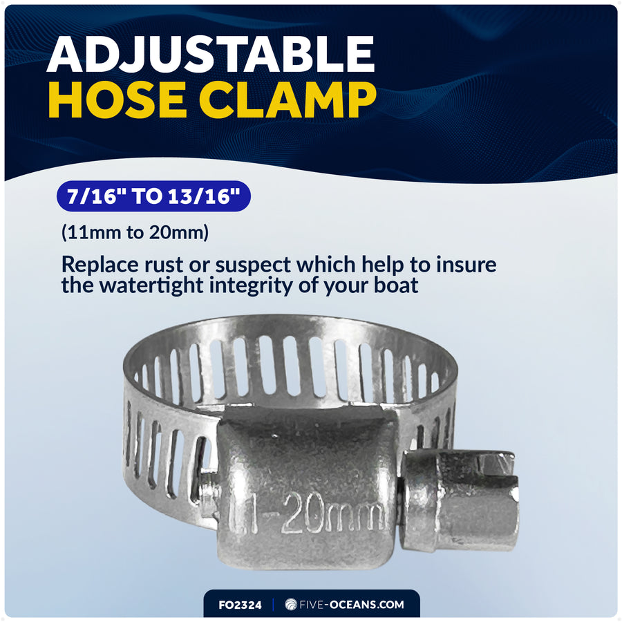 Adjustable Hose Clamp 7/16" - 13/16" (11-20mm), Stainless Steel. - Five Oceans
