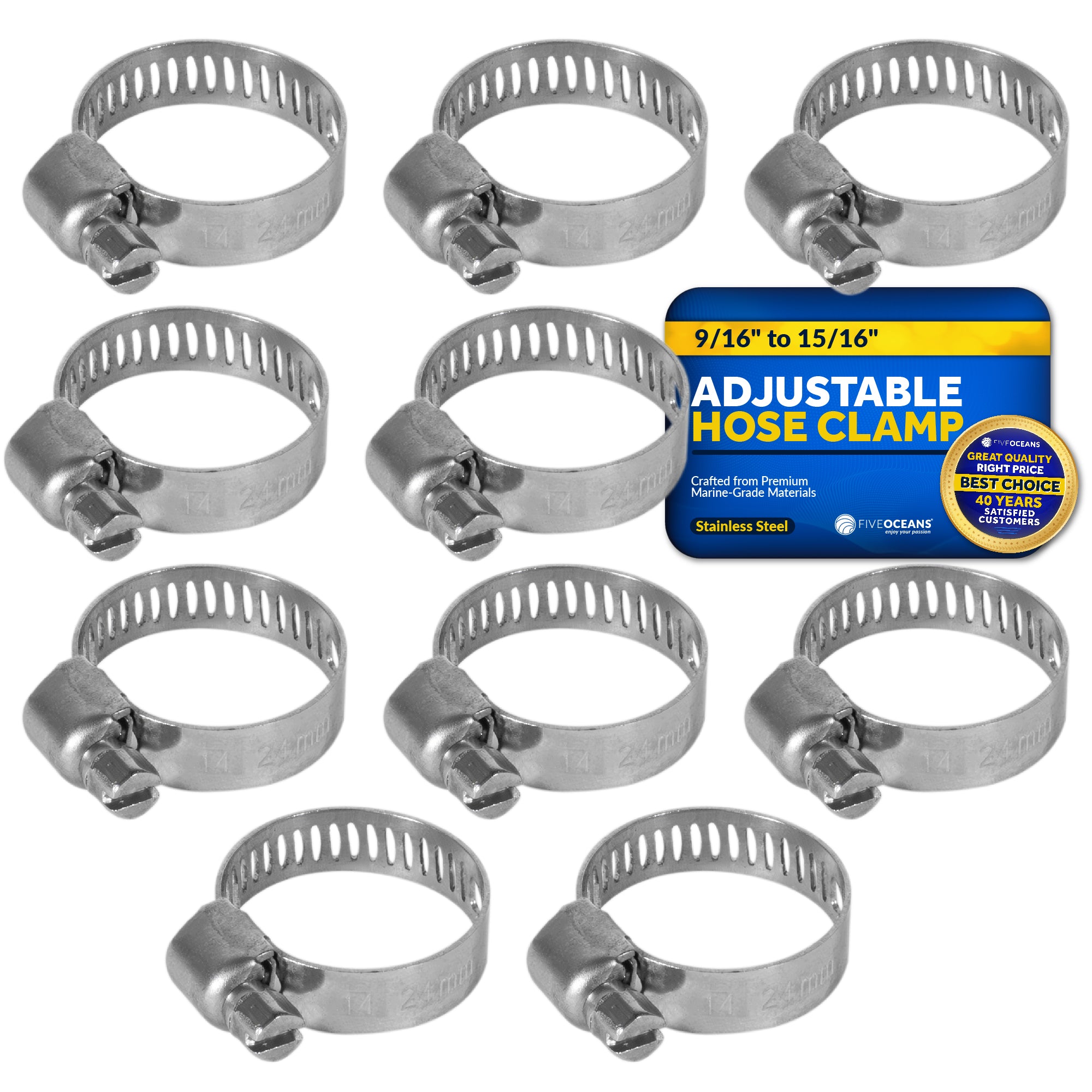 Hose Clamp 14 -24mm (9/16-Inch - 15/16-Inch), Stainless Steel - 10-Pack - FO2325-M10 - Five Oceans