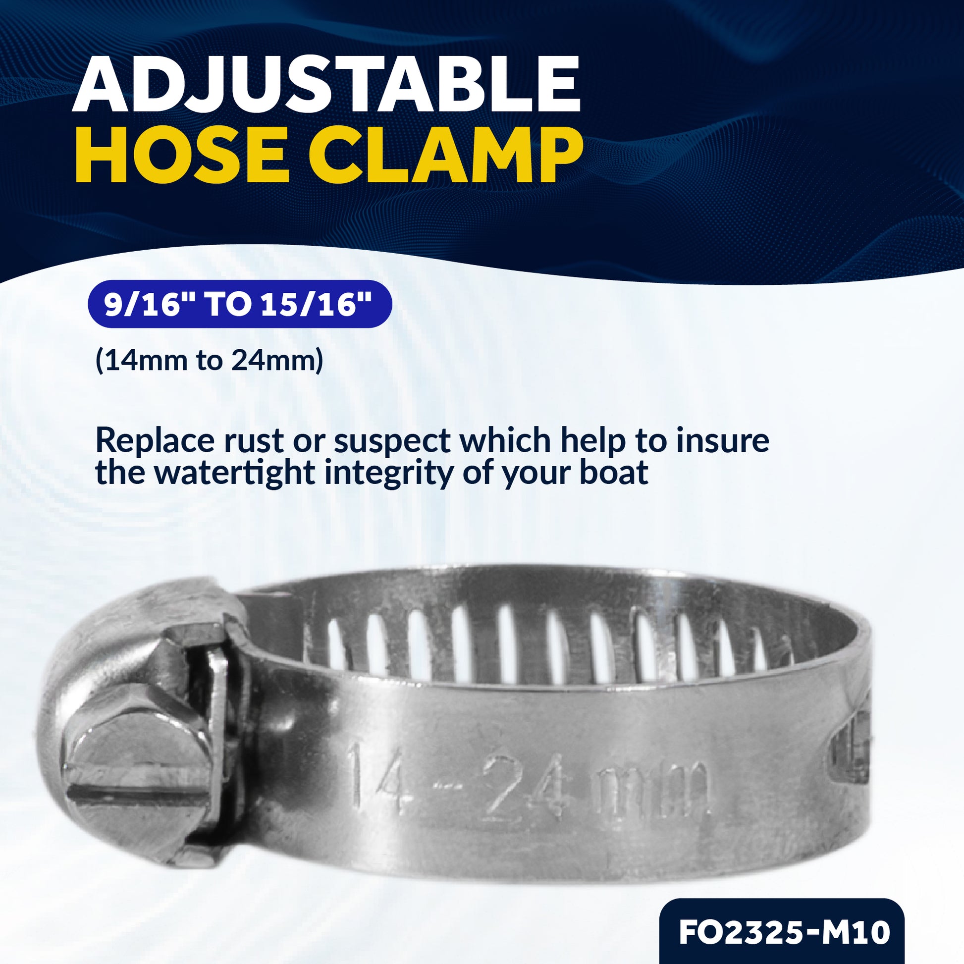 Hose Clamp 14 -24mm (9/16-Inch - 15/16-Inch), Stainless Steel - 10-Pack - FO2325-M10 - Five Oceans
