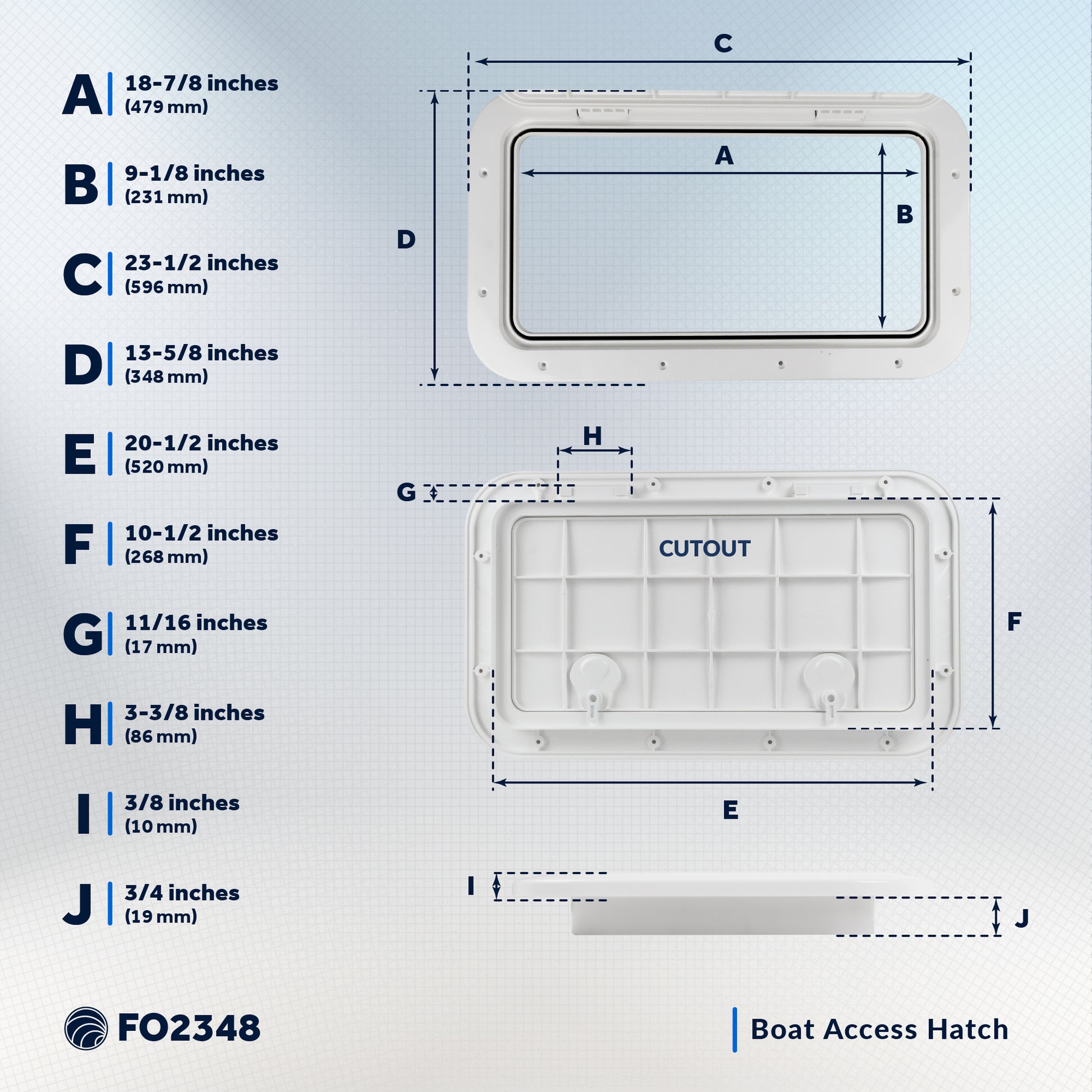 Boat Access Hatch, 23-1/2" x 13-5/8" Locking Slam Latch System, Off-White - FO2348 - Five Oceans