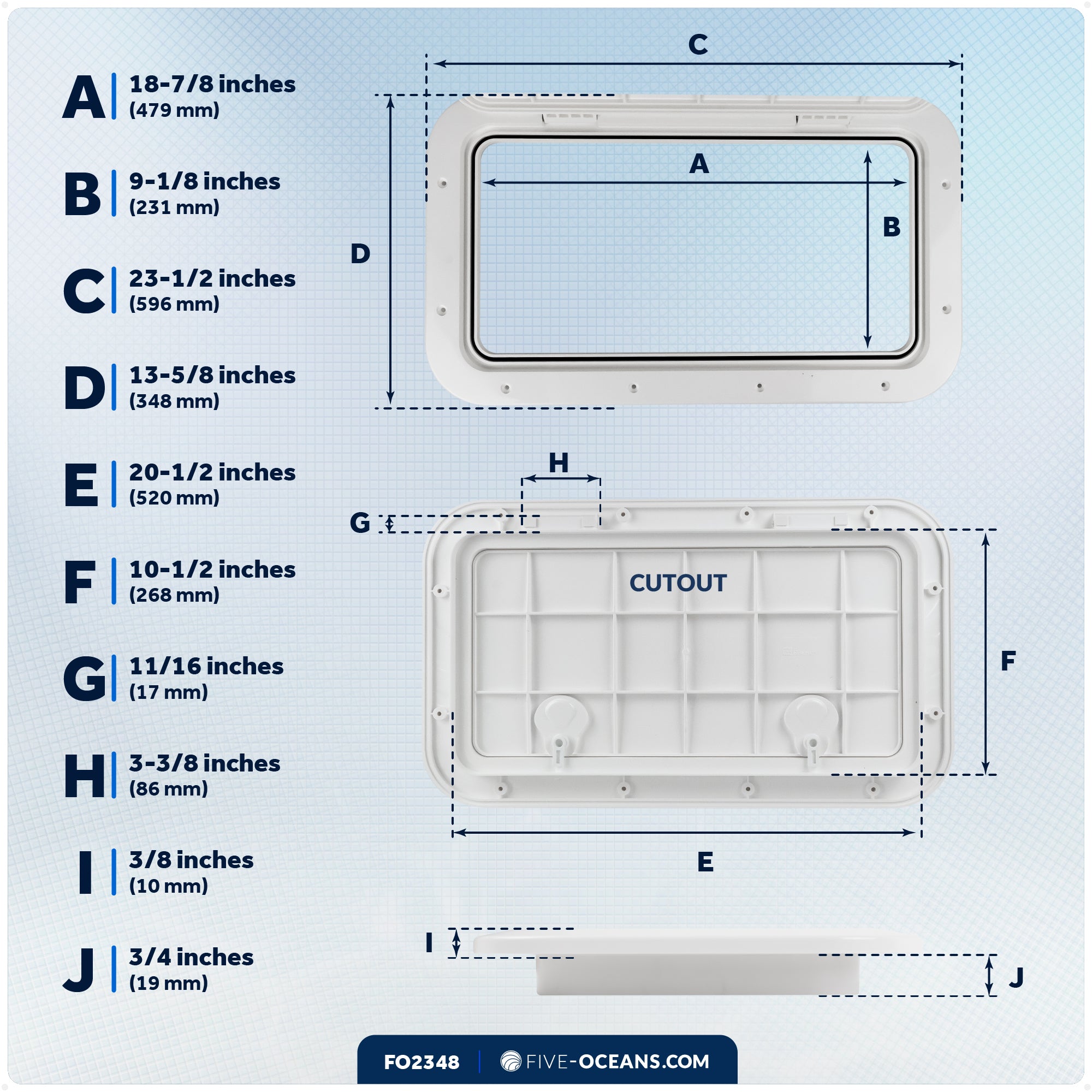 Boat Access Hatch, 23-1/2" x 13-5/8" Locking Slam Latch System, Off-White - FO2348 - Five Oceans