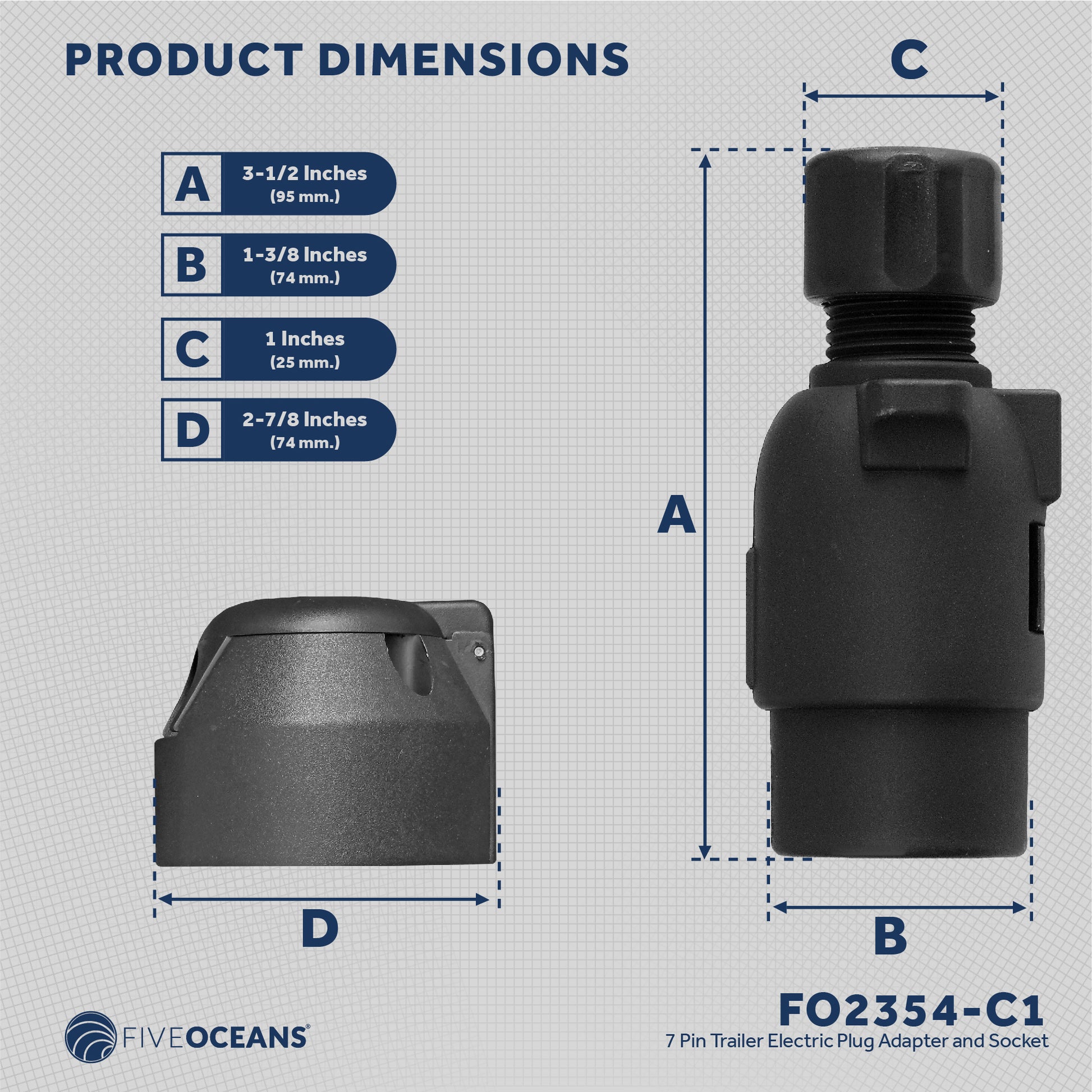 Trailer Electric Plug Adapter and Socket , 7 Pin - FO2354-C1 - Five Oceans