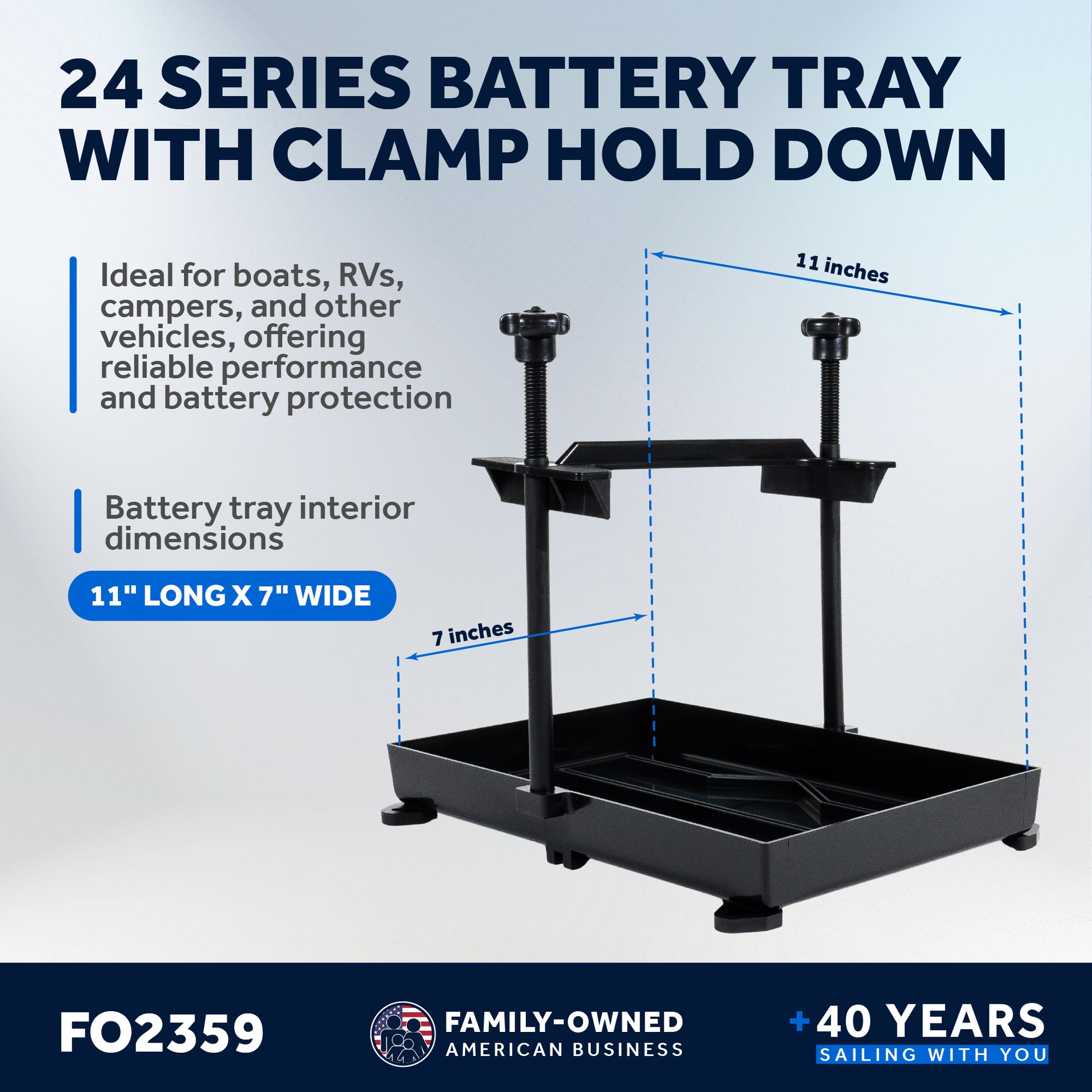 Group 24 Battery Tray with Hold-Down Clamp, Black, 11"x7" - FO-2359 - Five Oceans