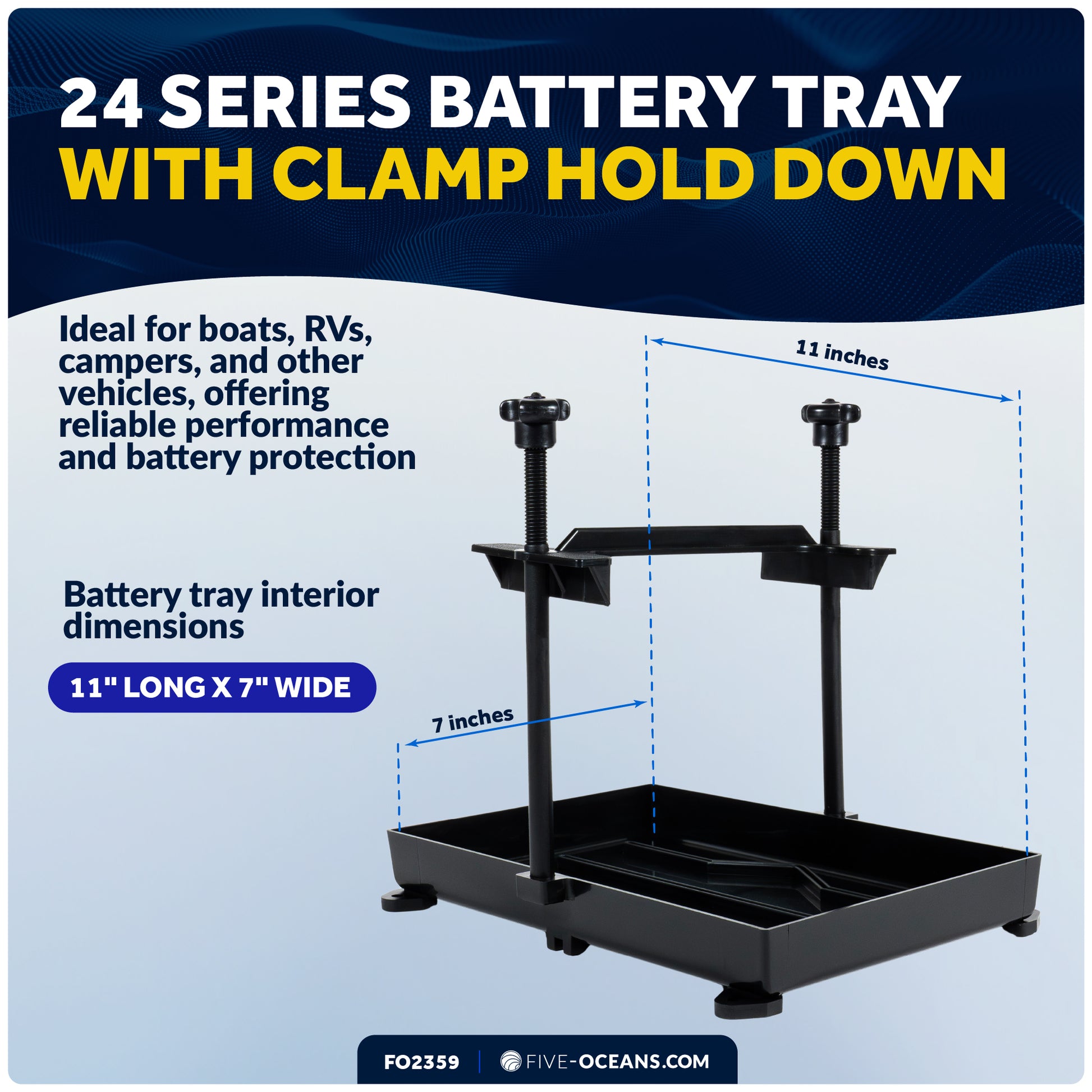 11" x 7" Group 24 Battery Tray with Hold-Down Clamp, Black - FO2359 - Five Oceans