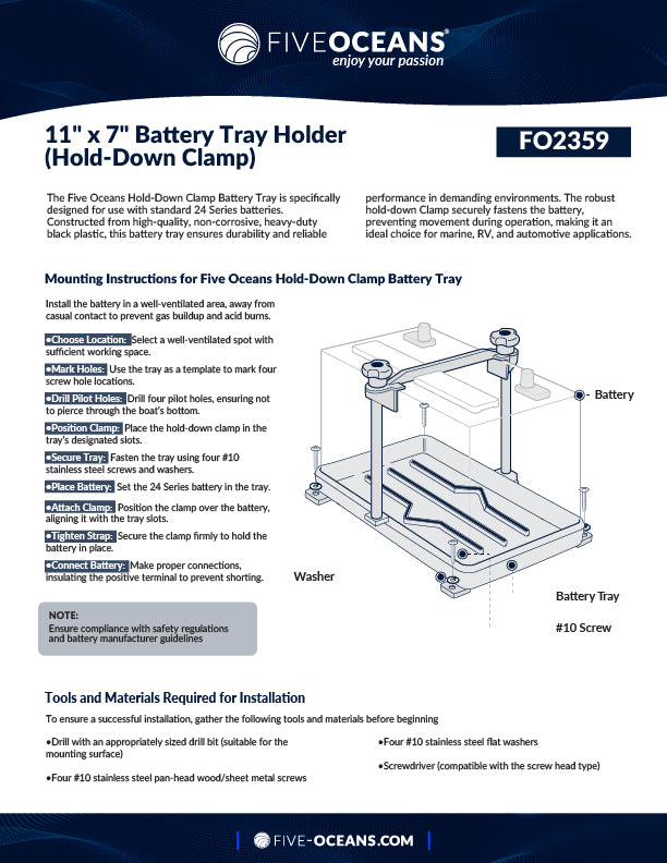 11" x 7" Group 24 Battery Tray with Hold-Down Clamp, Black - FO2359 - Five Oceans