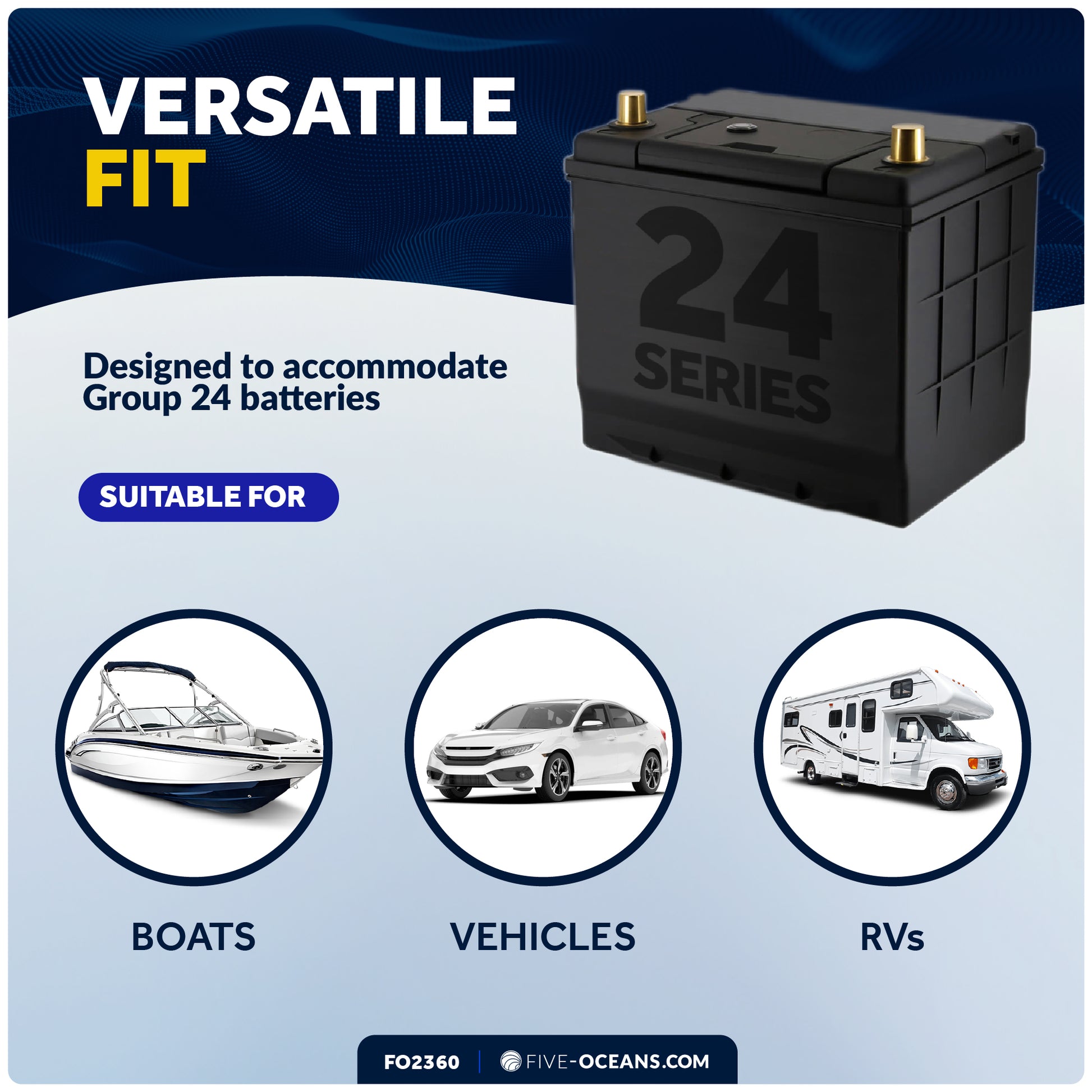 11" x 7" Group 24 Battery Tray with Hold-Down Strap, Black - FO2360 - Five Oceans